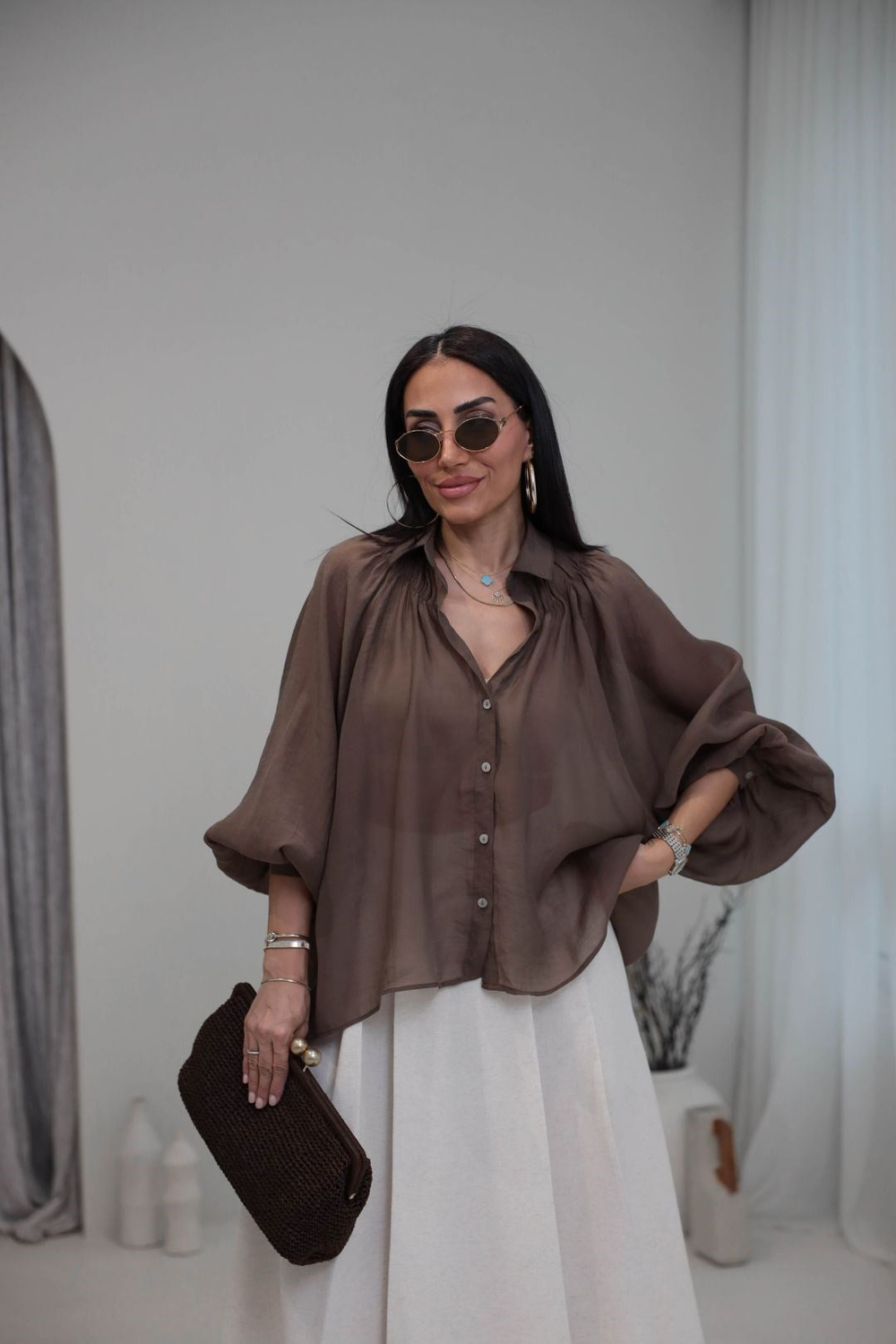 5018 Büzgü Detaylı Tencel Gömlek KAHVE