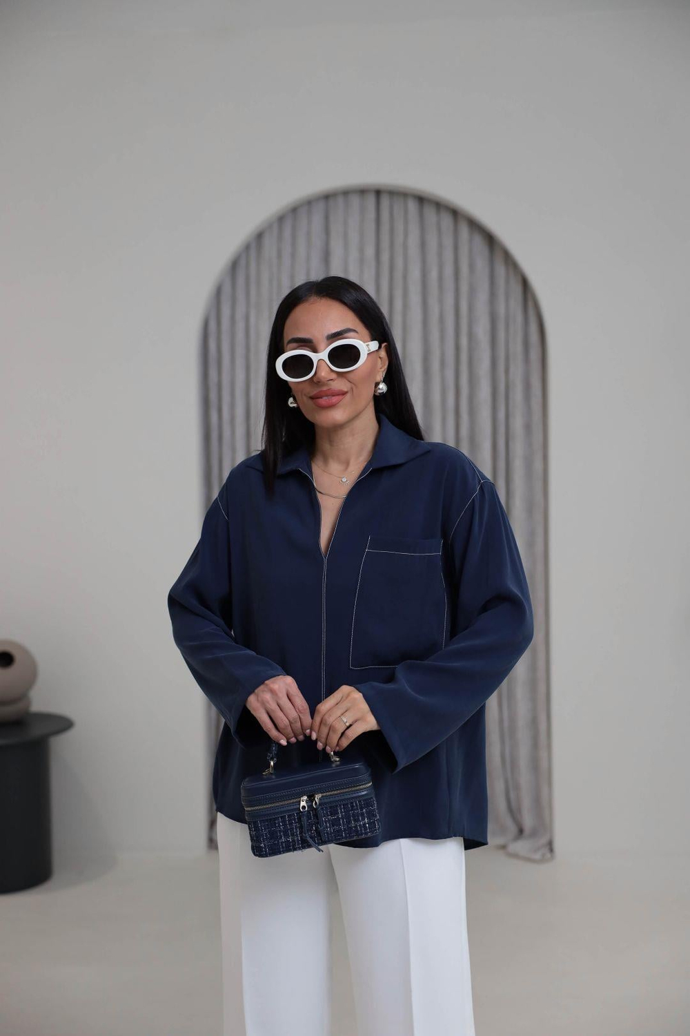 0723 Zincir Dikişli Cep Detay Tencel Gömlek Indigo