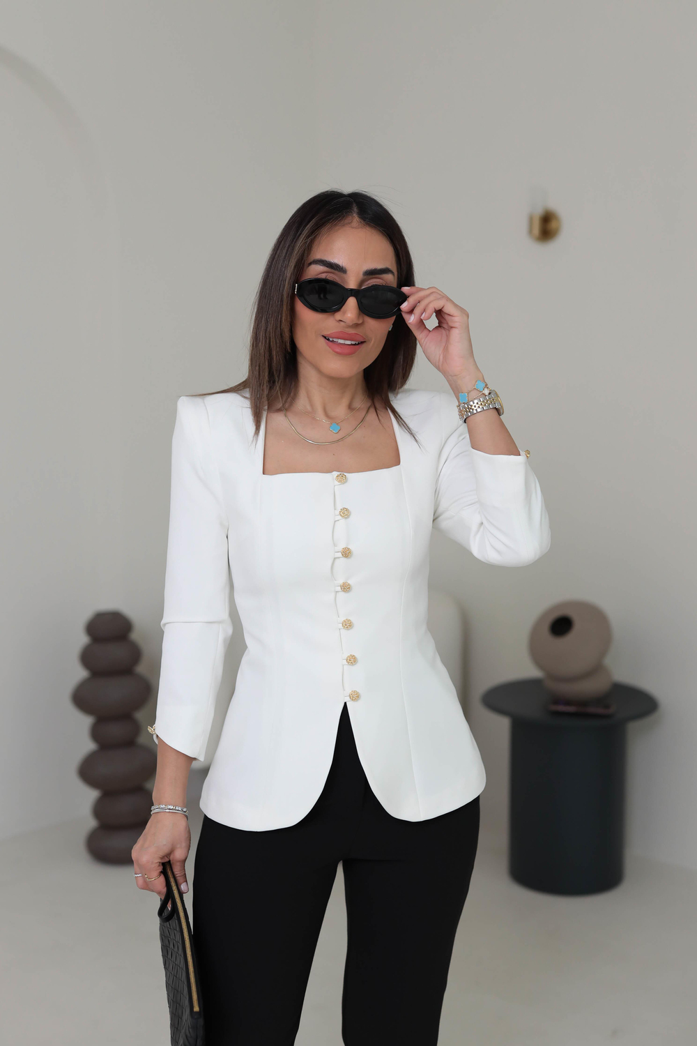 8637 Kare Yaka Gold Düğmeli Blazer Ceket BEYAZ