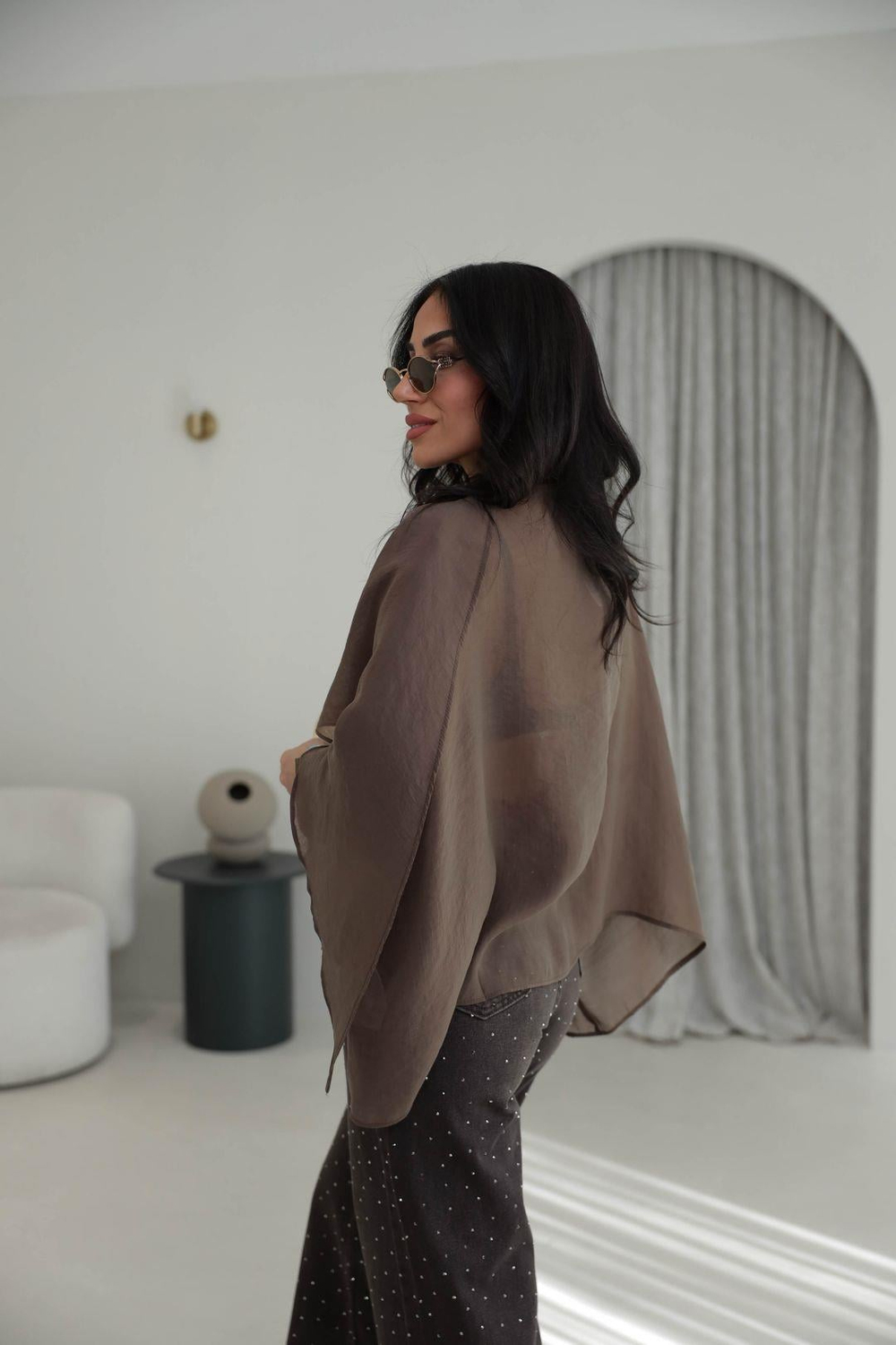 5026 Uçuşan Pelerin Bluz KAHVE