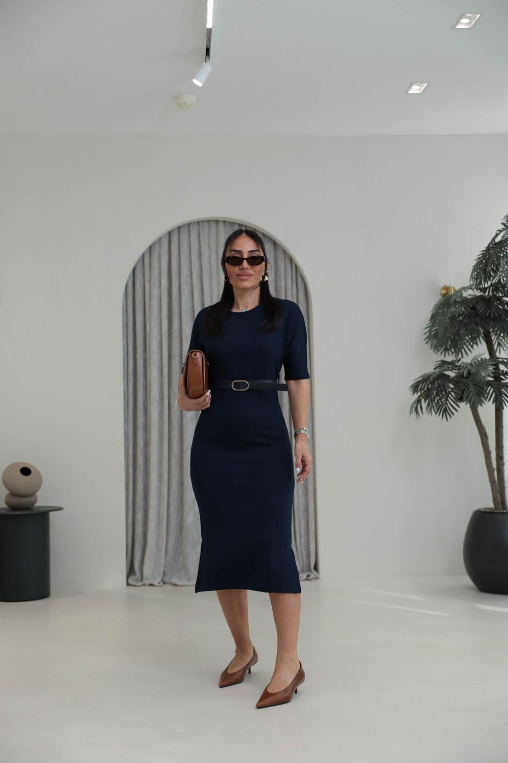 1484 Kemerli Modal Elbise LACİVERT