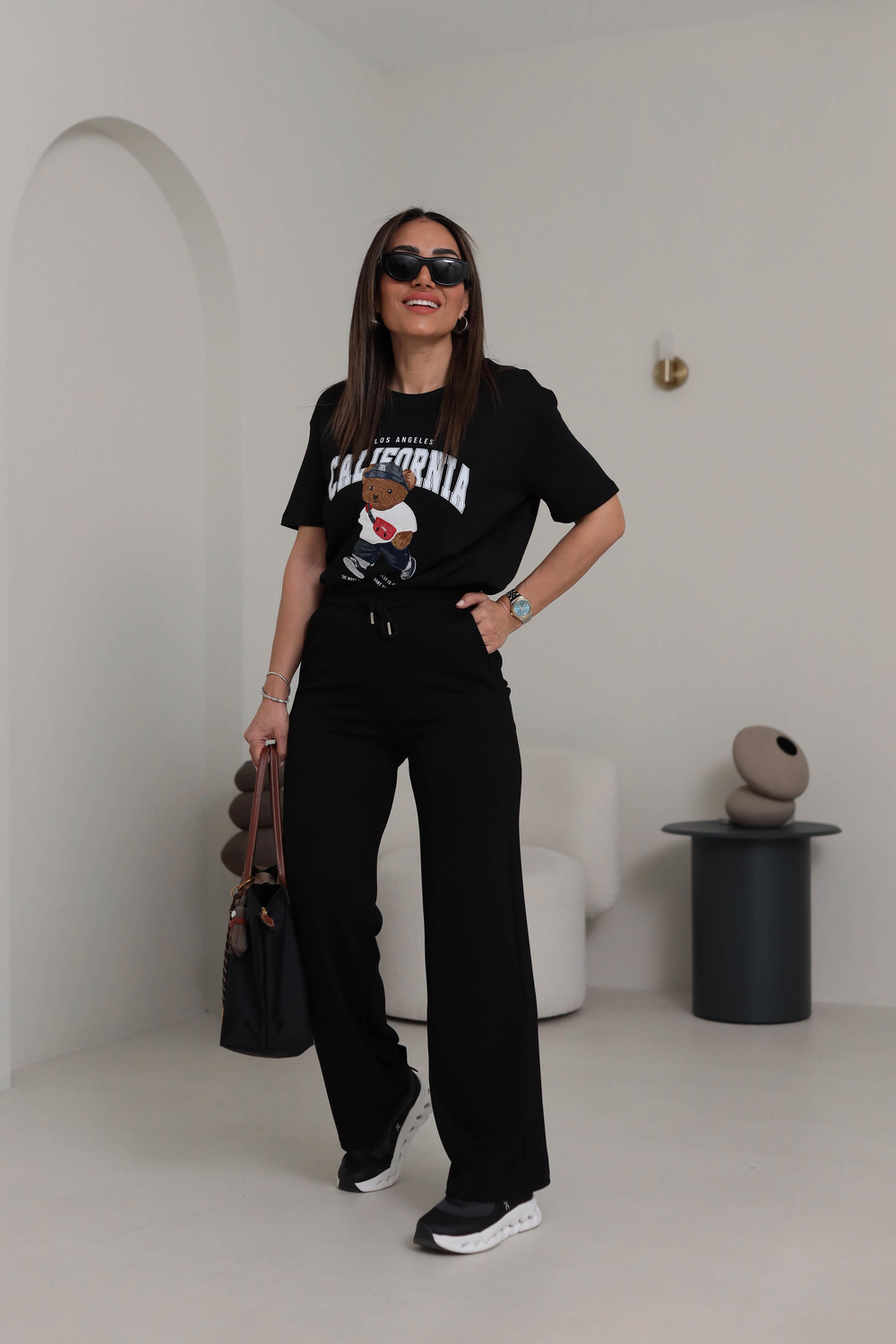 0295 Bisiklet Yaka Tedy Nakışlı Koton Tshirt SİYAH