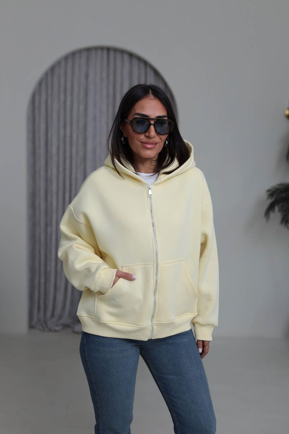 0822 Kapüşonlu Fermuarlı Şardonlu Sweatshirt SARI