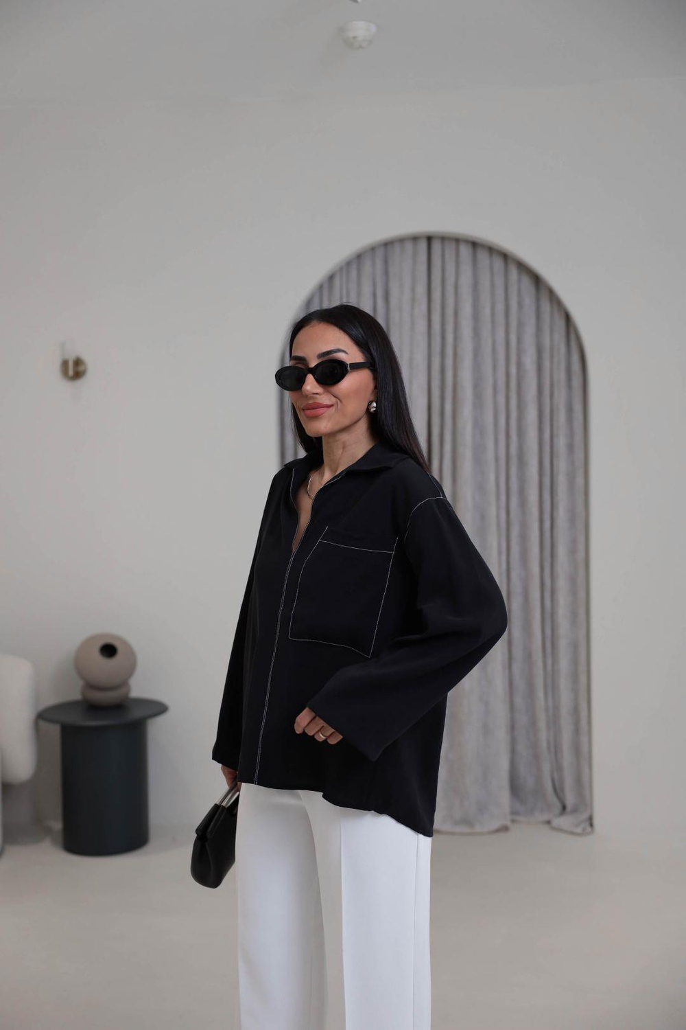 0723 Zincir Dikişli Cep Detay Tencel Gömlek SİYAH