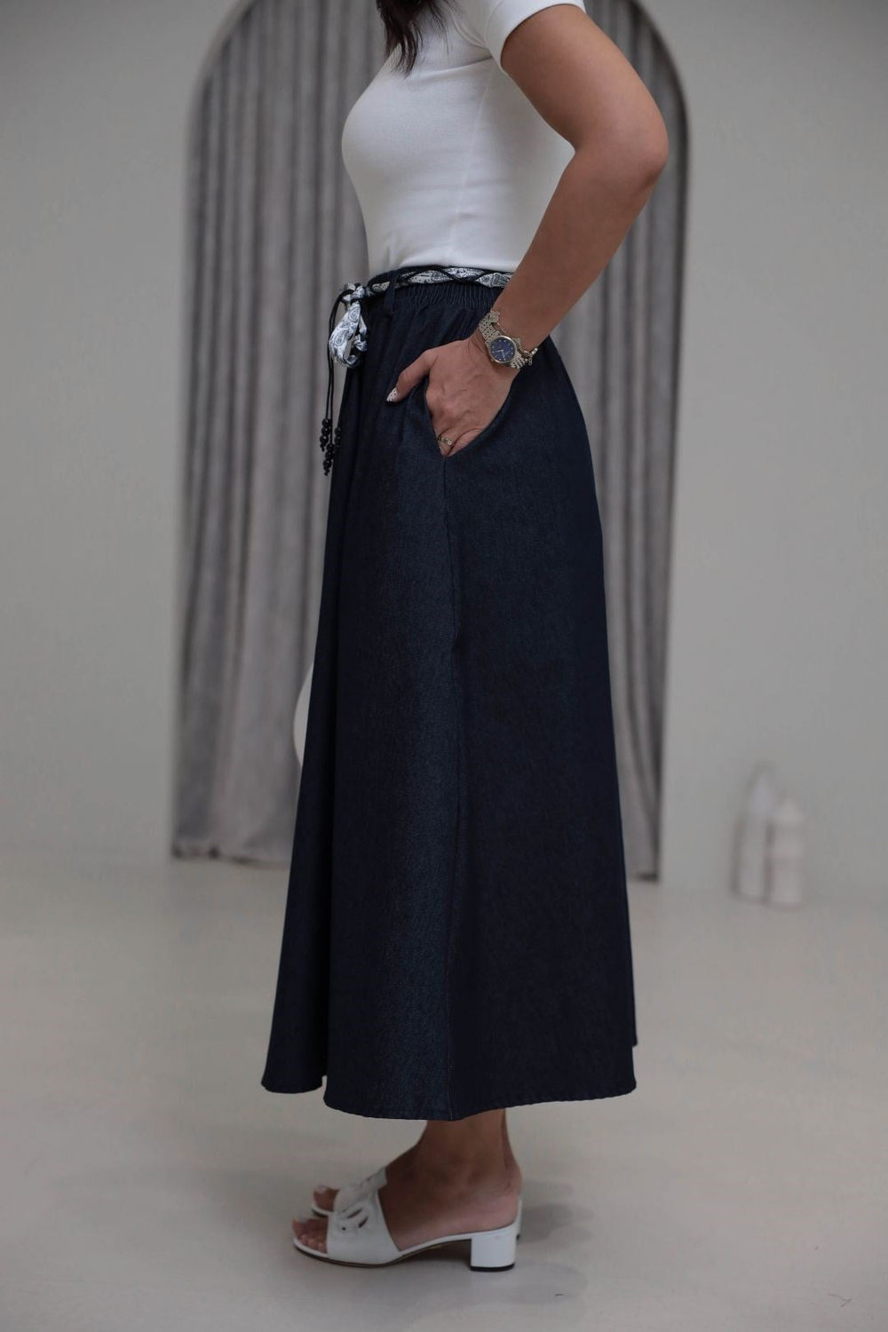 1813 Fular Kemerli Denim Kloş Etek LACİVERT