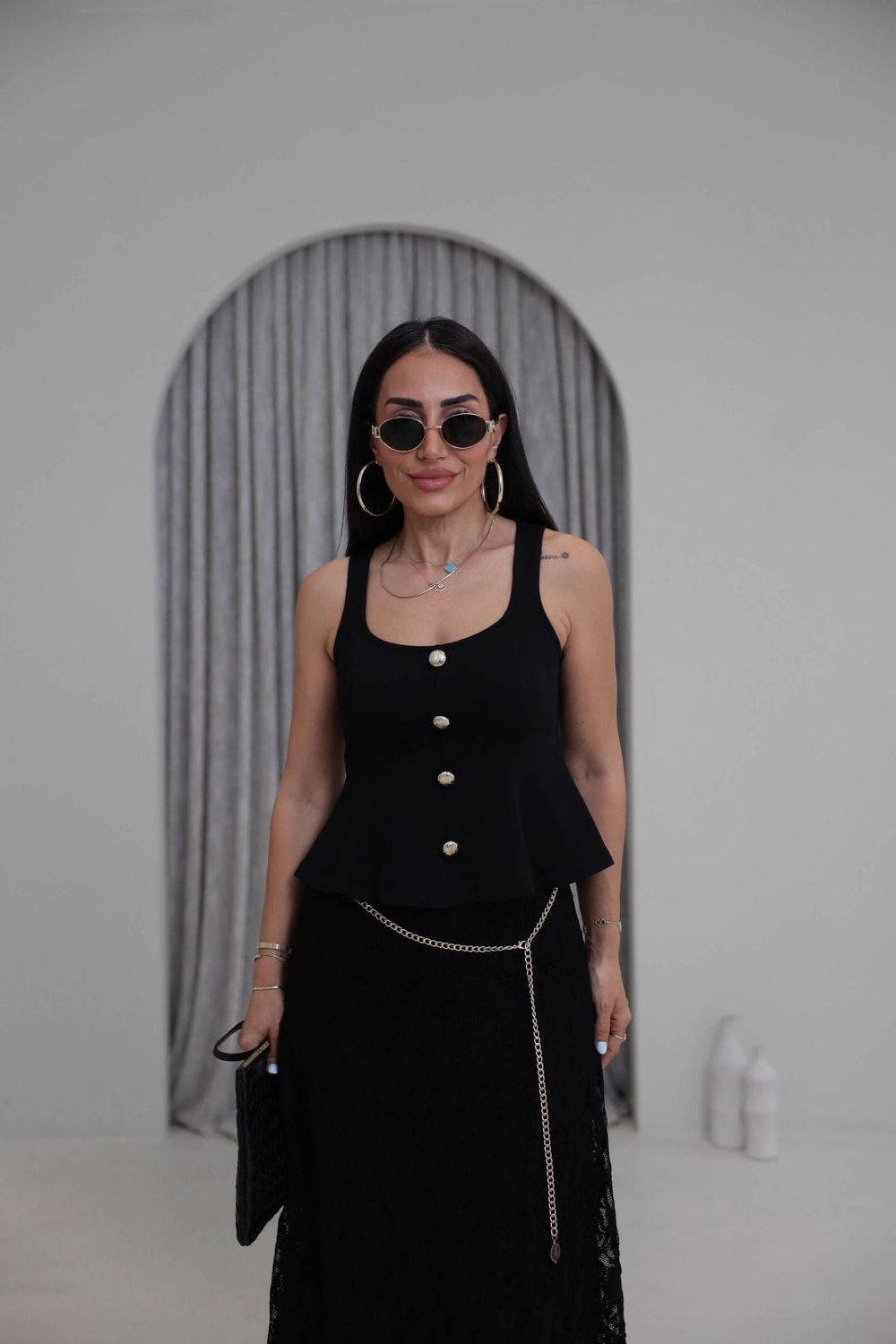 1979 Düğmeli Kare Yaka Peplum Bluz SİYAH