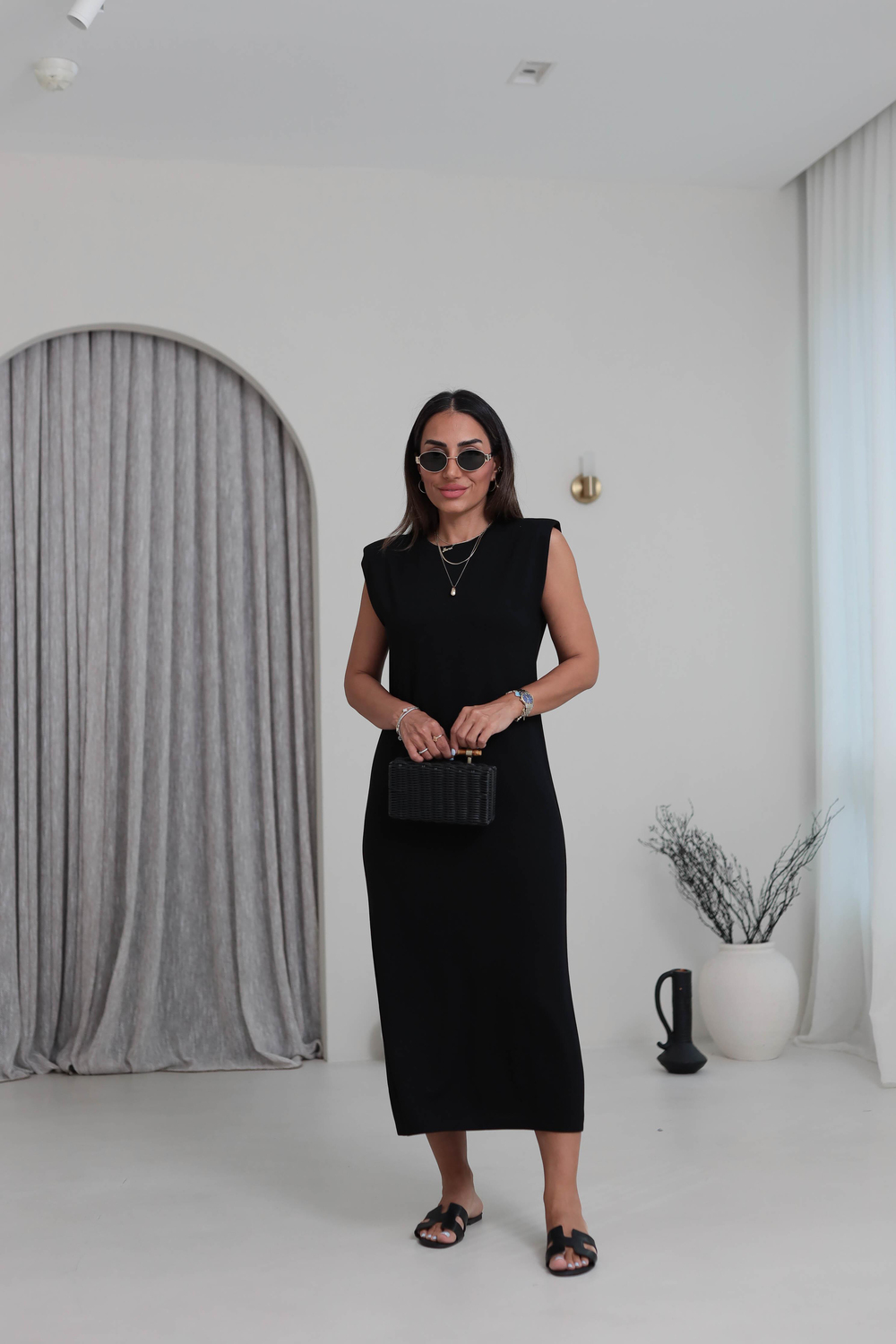 3316 Bisiklet Yaka Vatkalı Penye Modal Elbise SİYAH