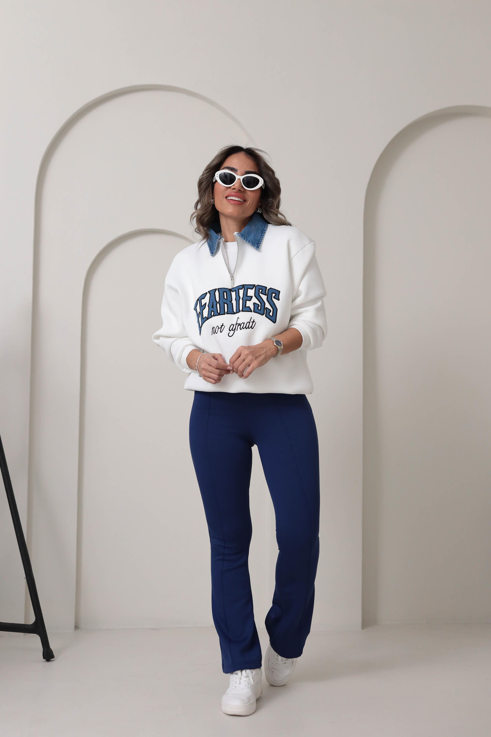 8660 Denim Mix Yaka Fermuarlı Şardonlu Sweatshirt EKRU