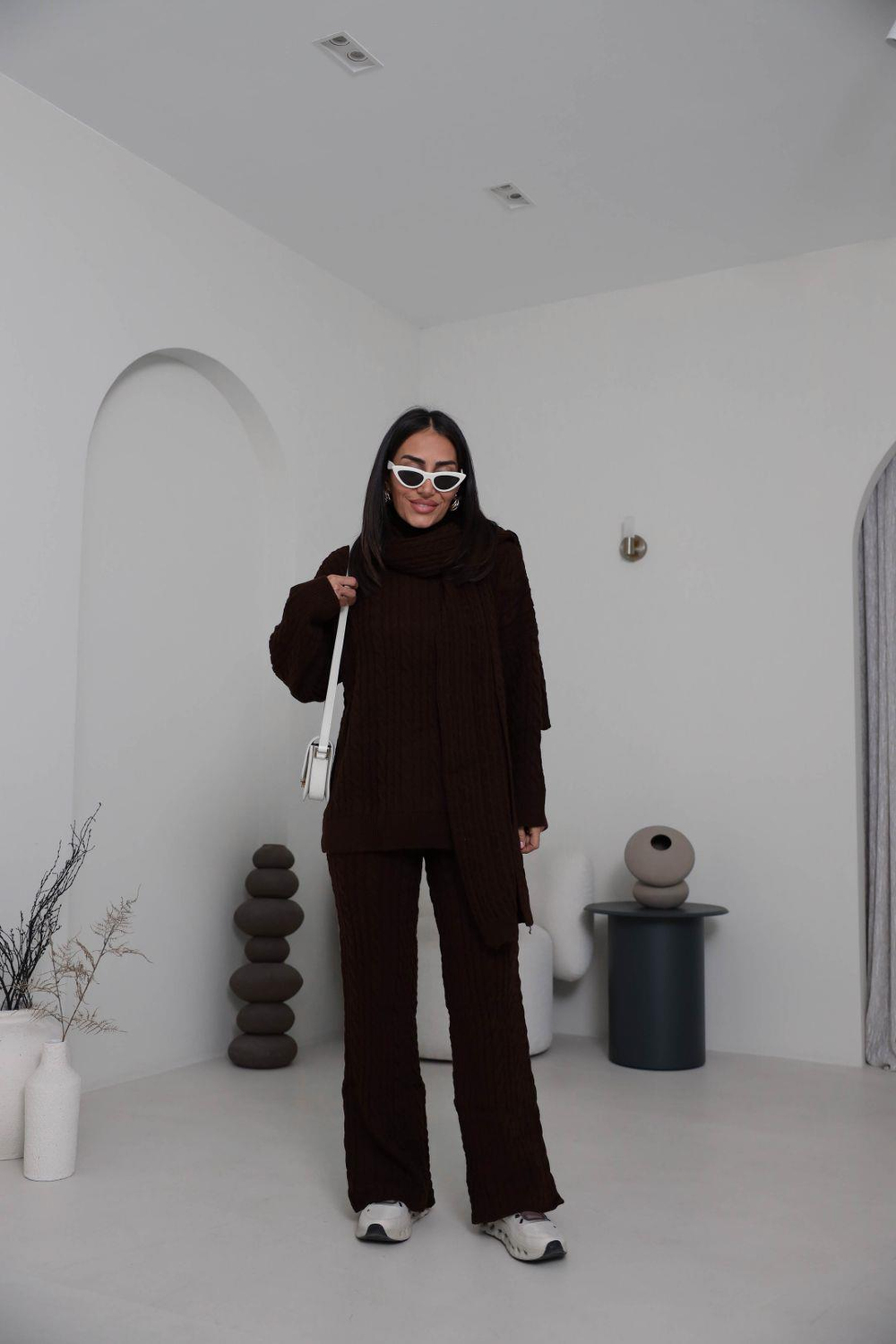 2464 Şal Detaylı Üçlü Triko Takım KAHVE