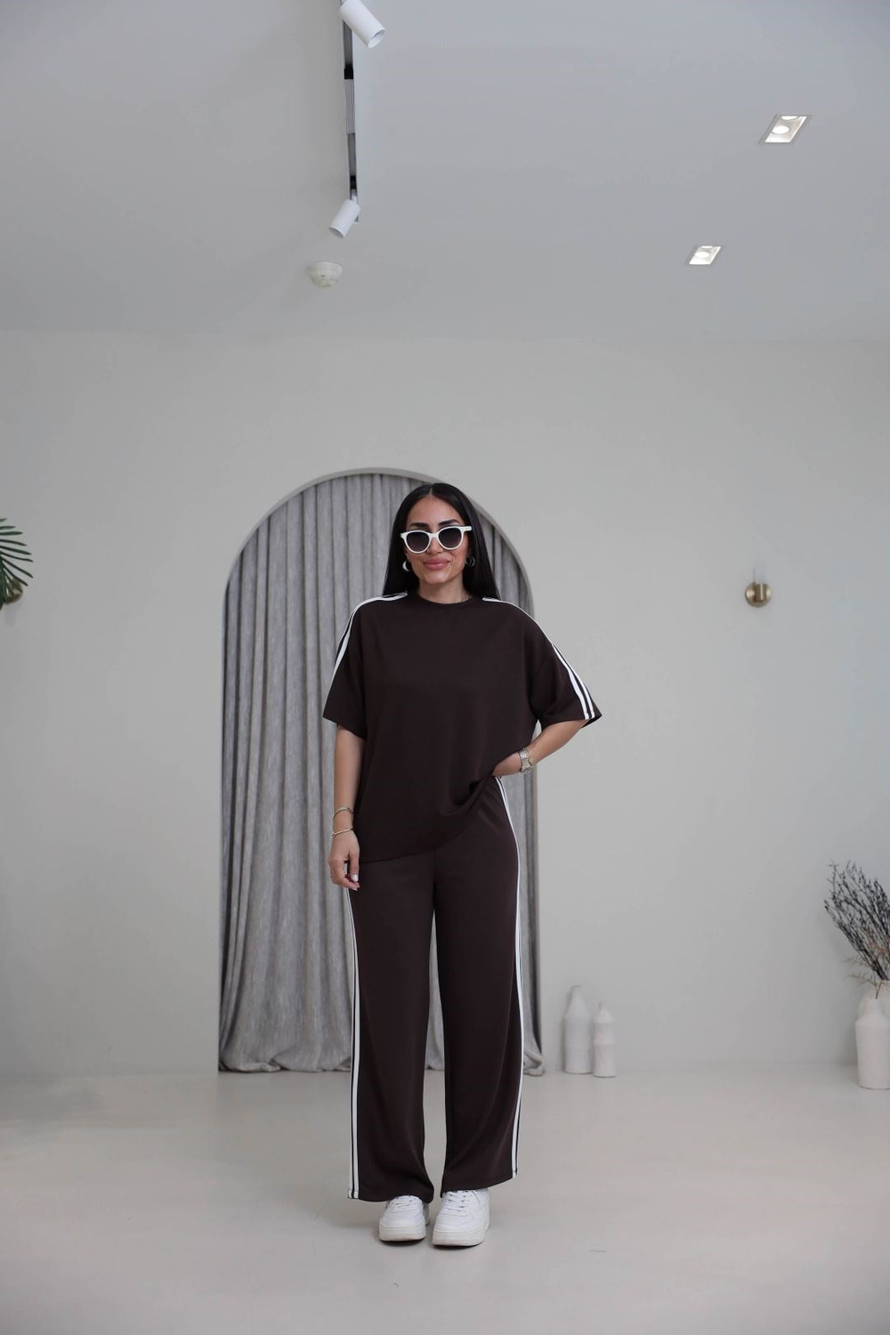 1602 Bisiklet Yaka Çizgi Detaylı Eşofman Takımı KAHVE