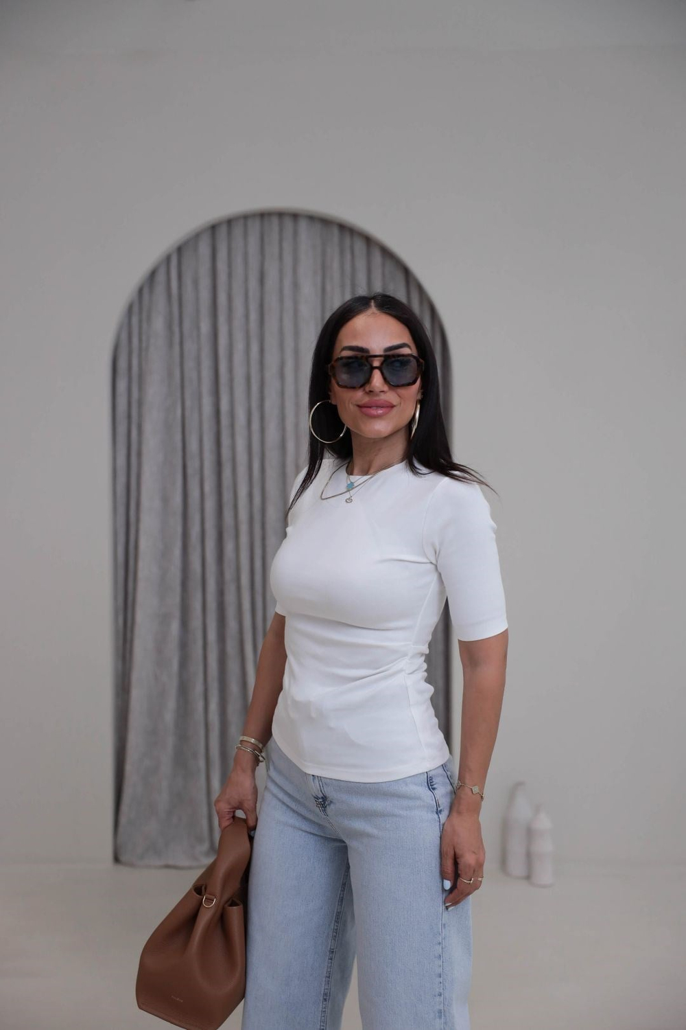 7190 Bisiklet Yaka Yan Detaylı Tshirt EKRU