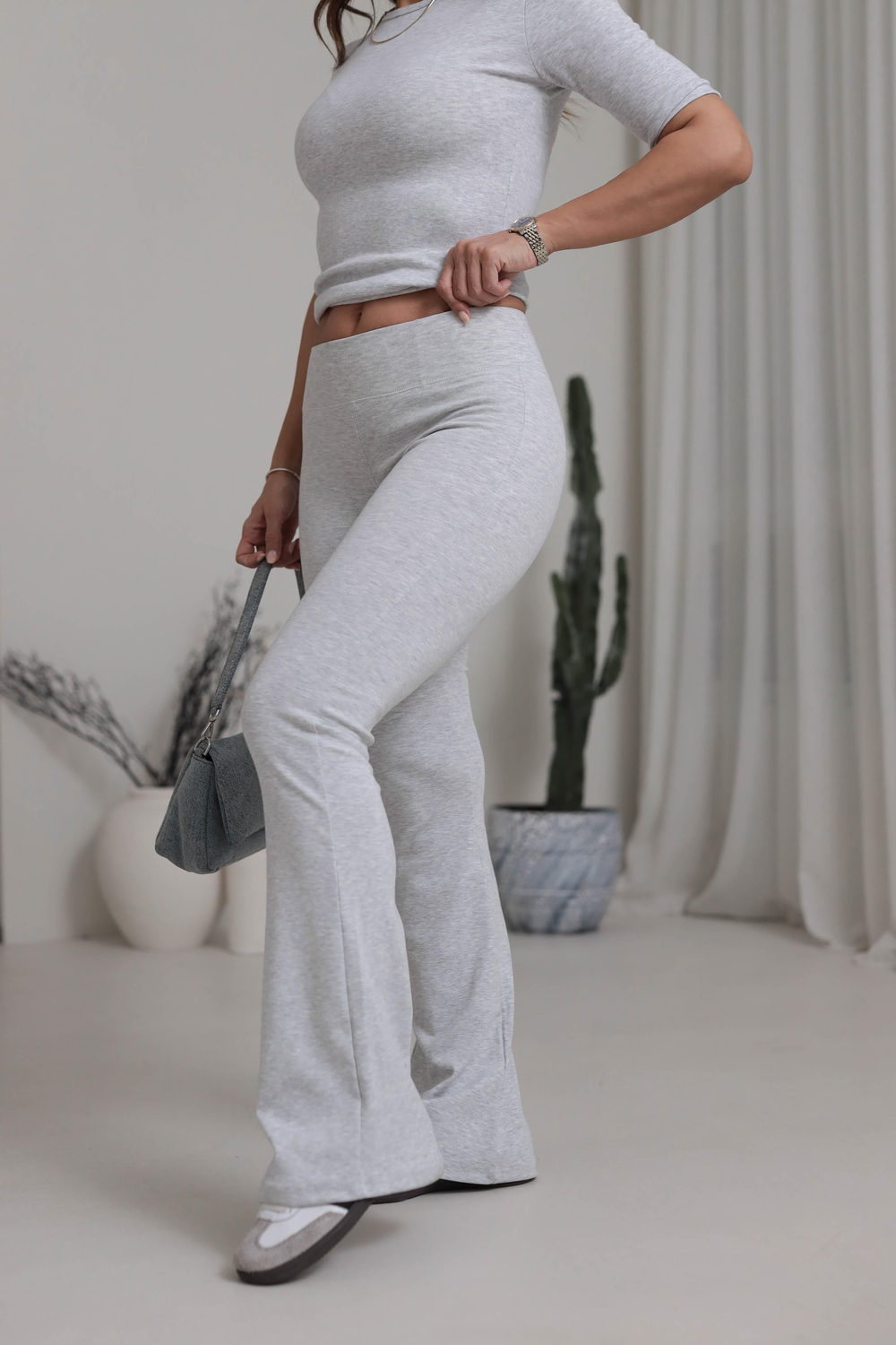 4135 Geniş Kemerli İspanyol Paça Pamuklu Pantolon GRİ MELANJ