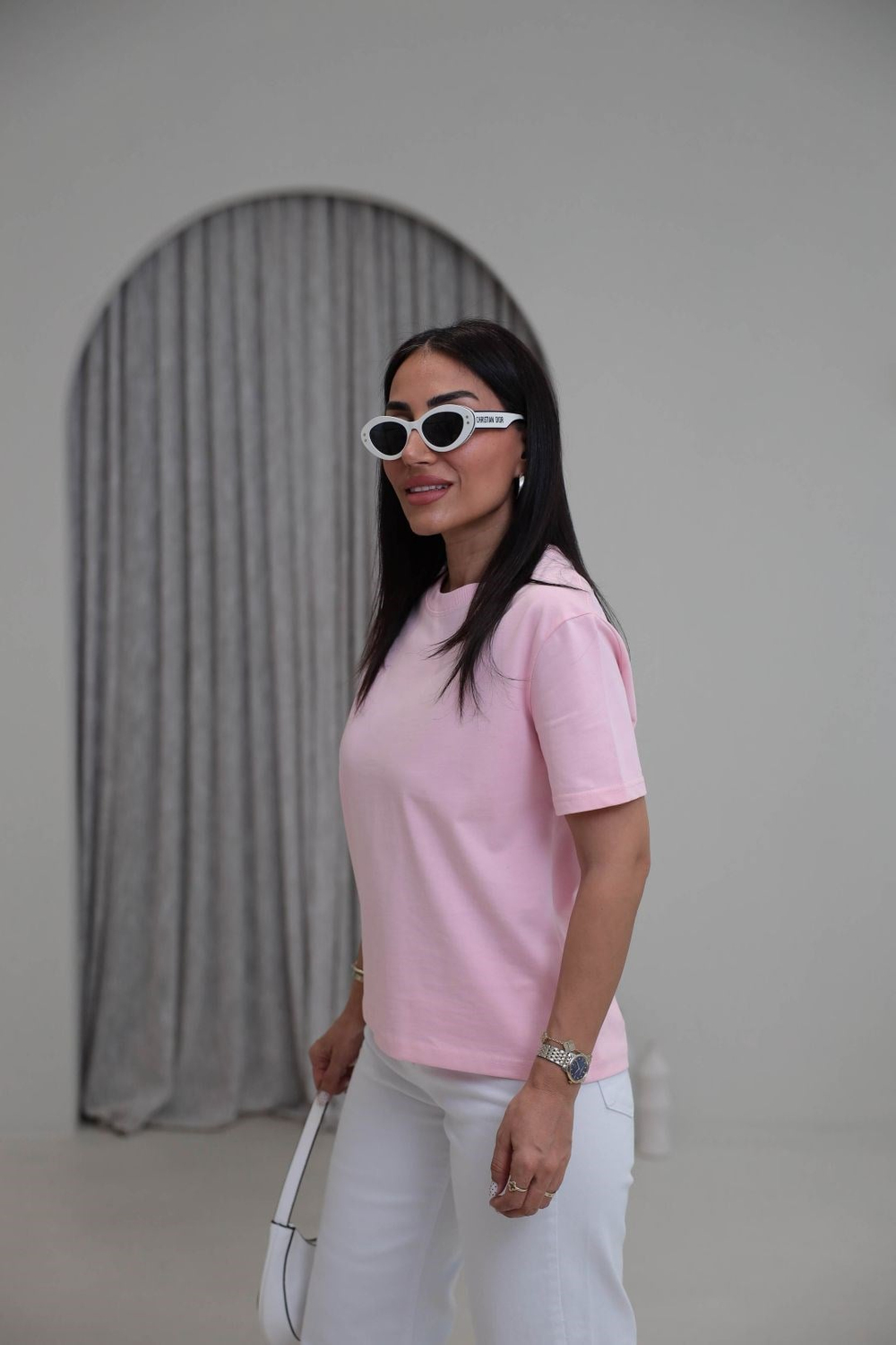 0312 Dekoratif Dikişli Pamuklu Tshirt PEMBE