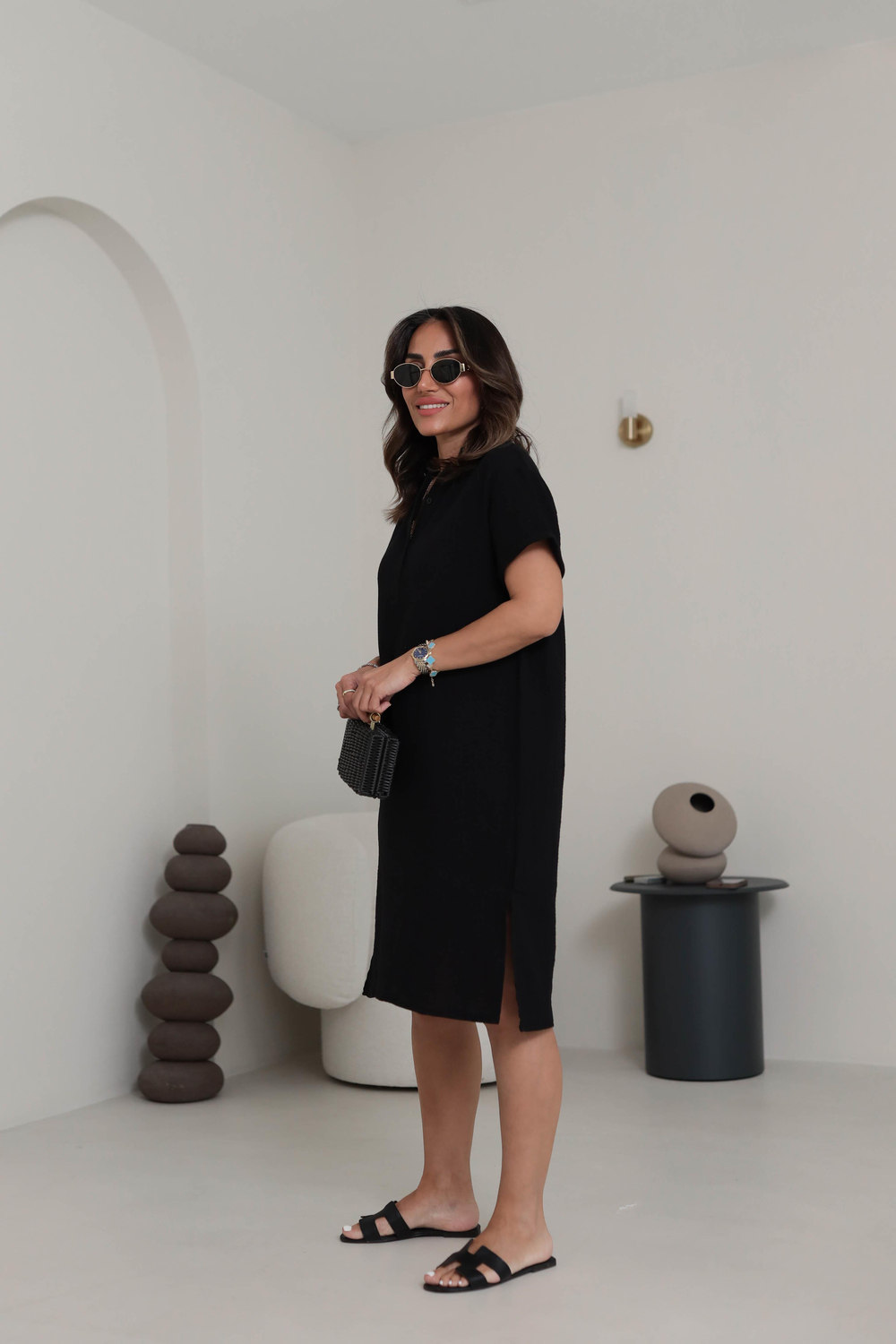 70222 Müslin Kısa Kollu Elbise SİYAH