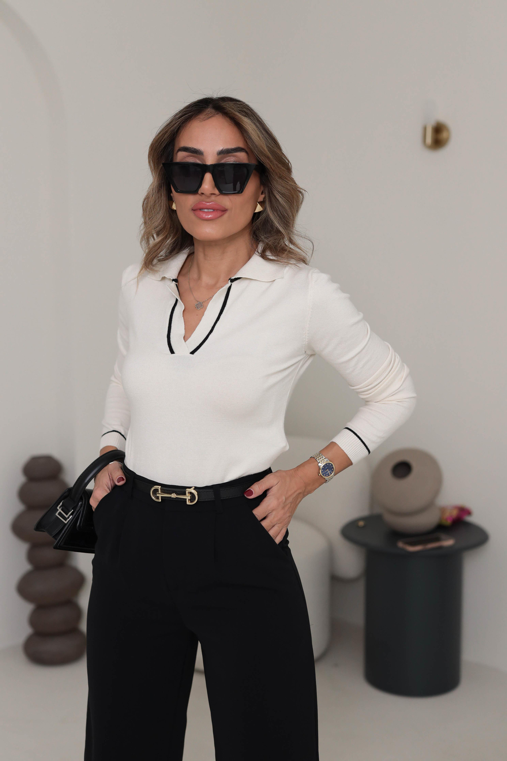 4580 Polo Yaka Renk Biyeli İpek Triko EKRU