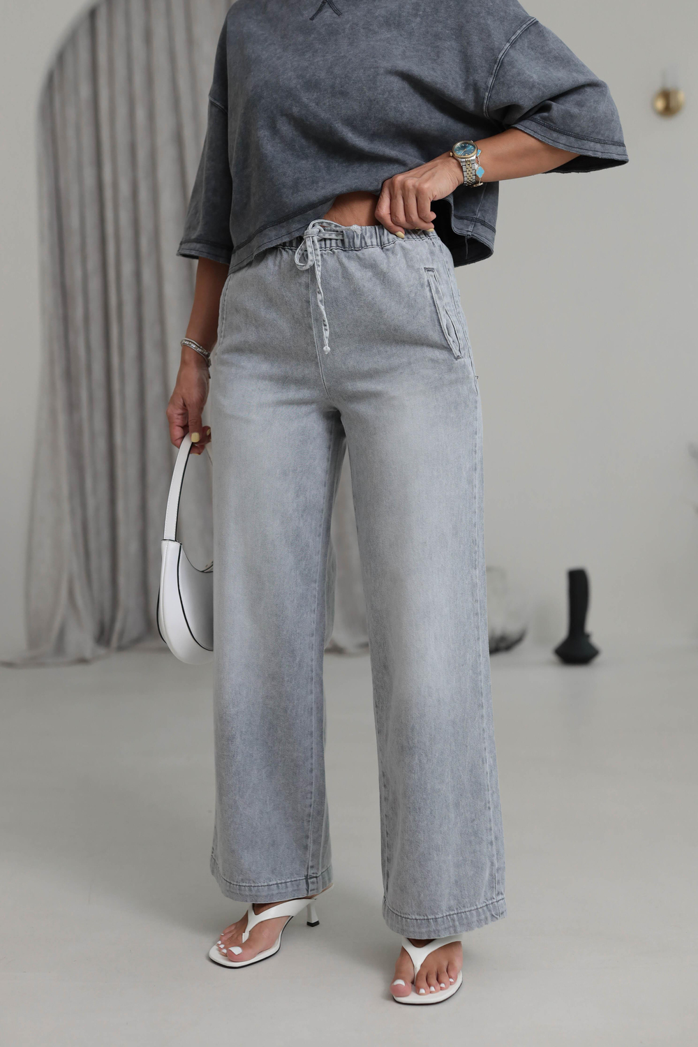 D800 Beli Lastikli Geniş Paça Jean Pantolon GRİ