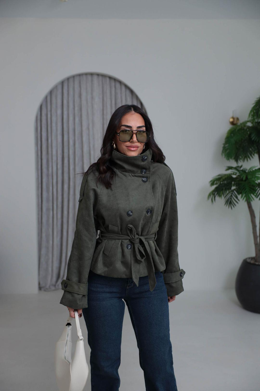 8437 Dik Yaka Kuşaklı Süet Ceket HAKİ YEŞİL