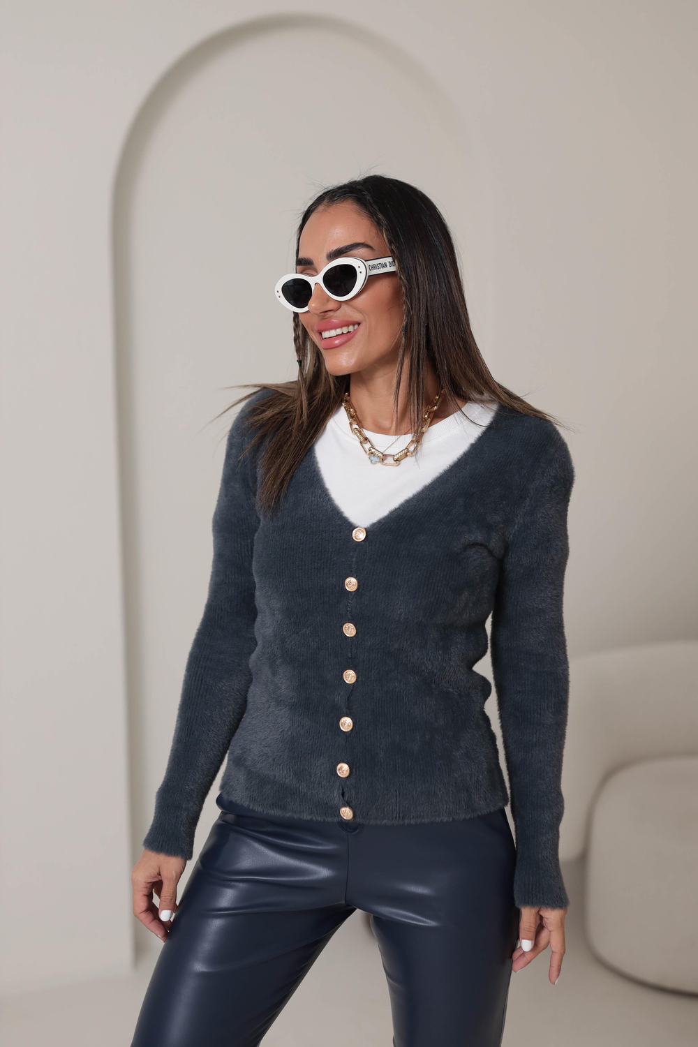 0375 Gold Düğmeli Yumoş Hırka ANTRASİT