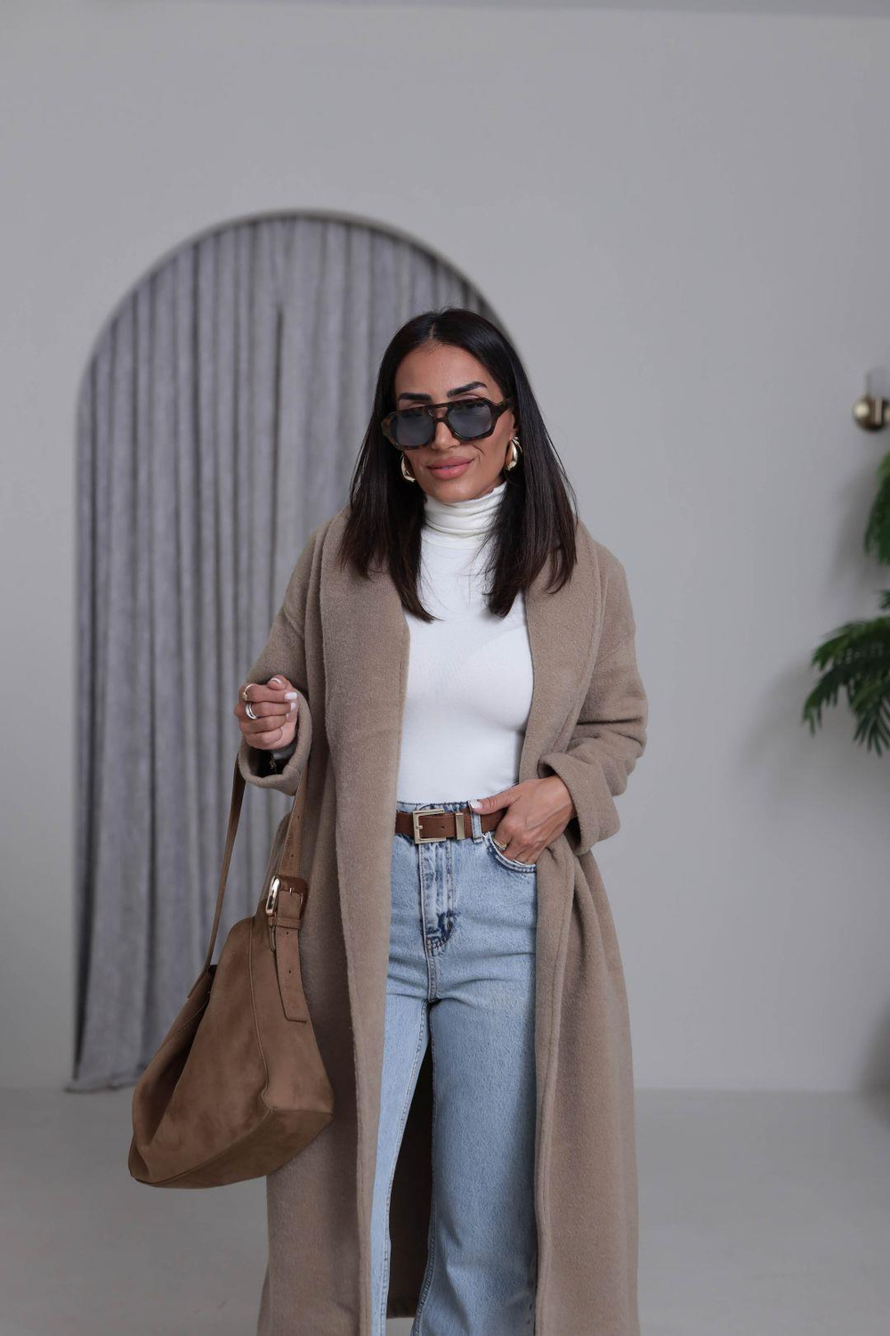 9533 Şal Yaka Kuşaklı Kaban BEJ