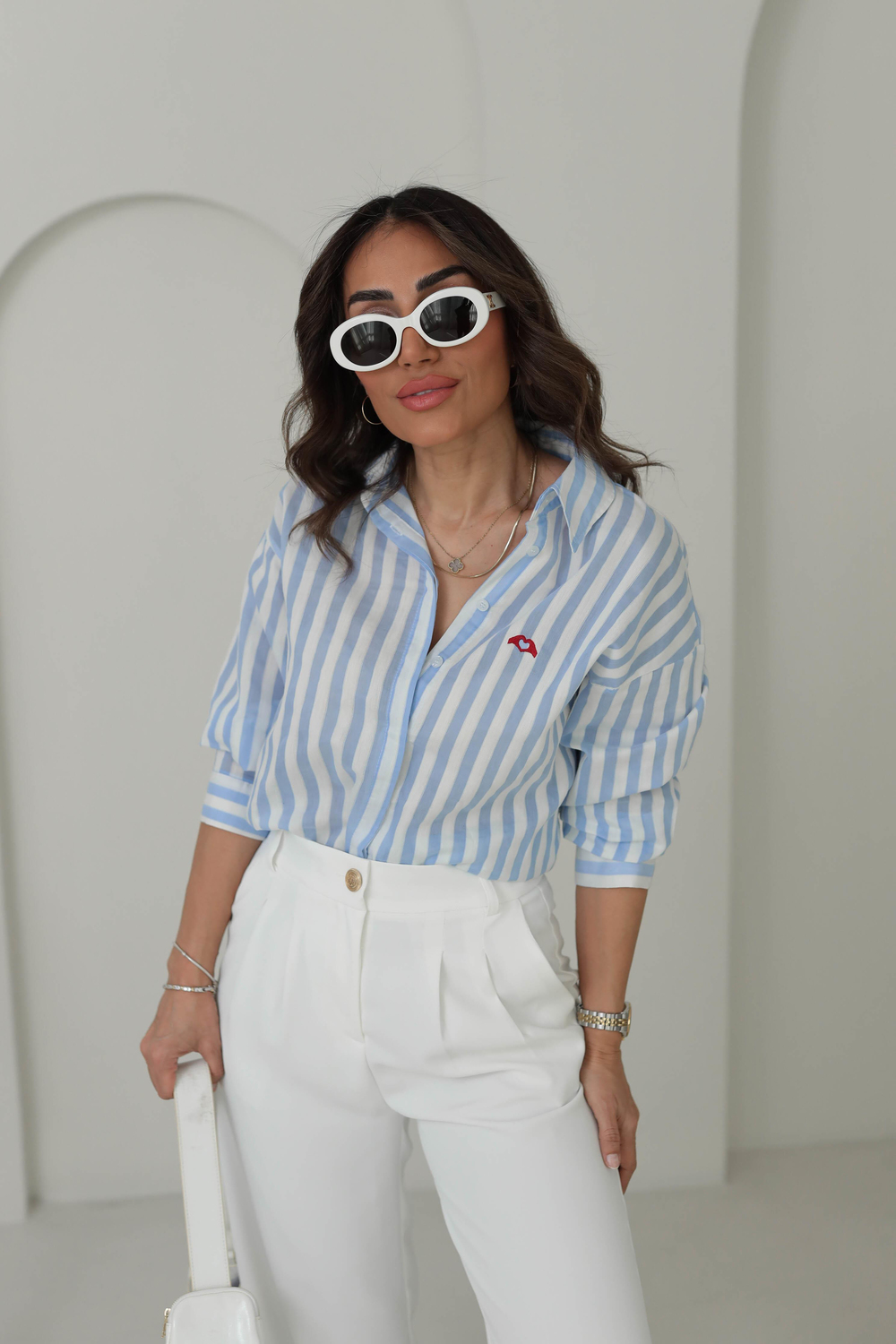 7053 Çizgili Kalp Nakışlı Cotton Gömlek MAVİ