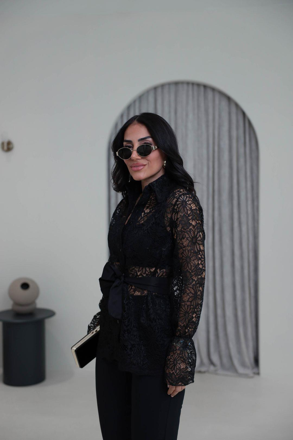 3152 Kuşaklı Dantel Gömlek SİYAH