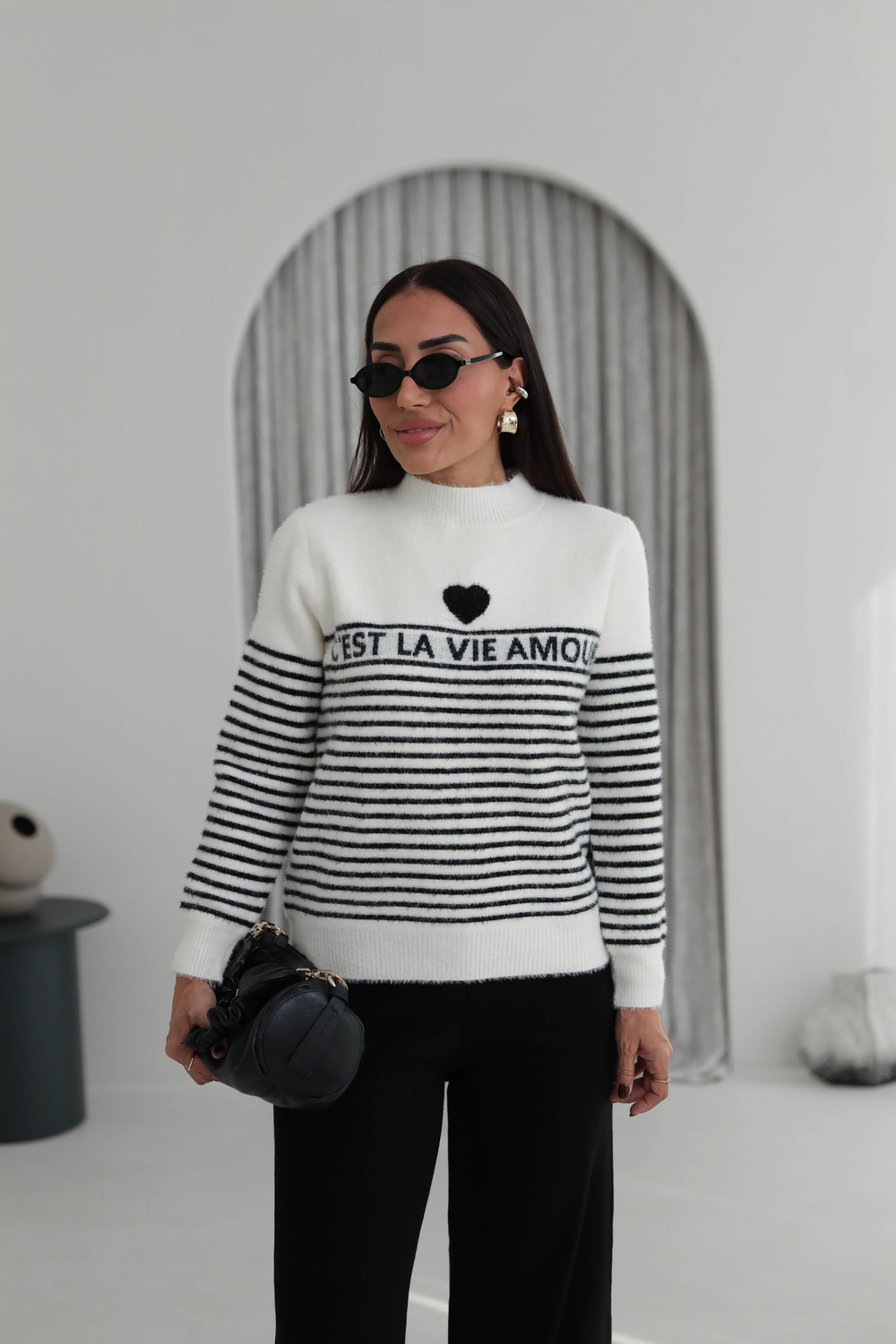 4817 Amour Çizgili Angora Kazak SİYAH