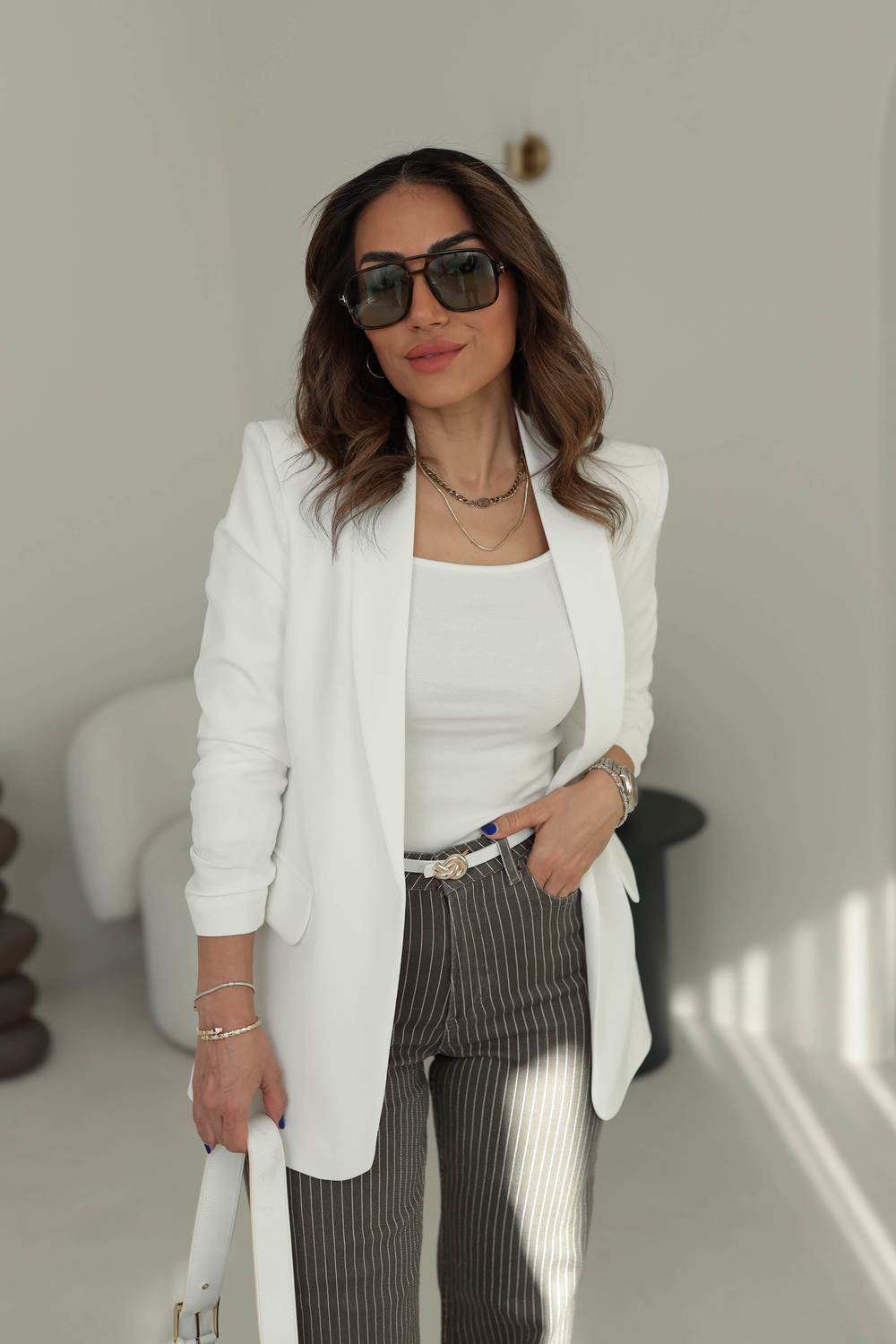 3101K Kol Büzgülü Blazer Ceket BEYAZ
