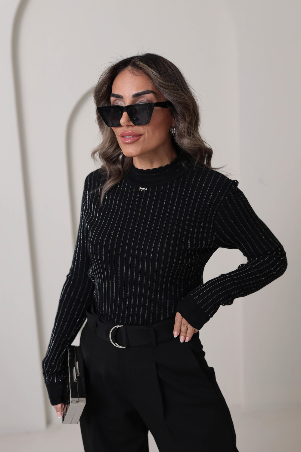 0249 Fitilli Sim İplikli Kurdele Detaylı Triko SİYAH