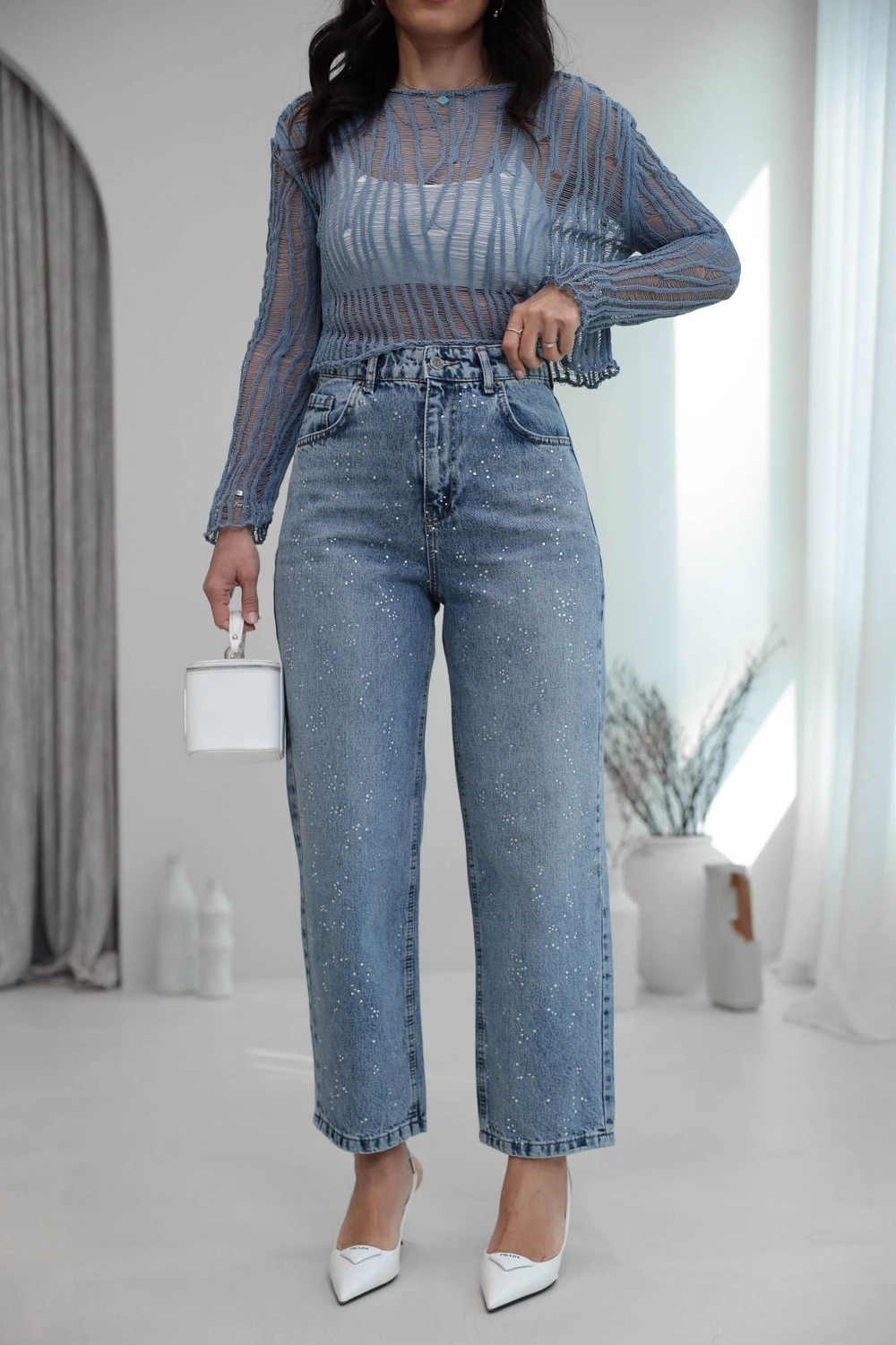3010 Rahat Kesim Taşlı Mom Jean MAVİ