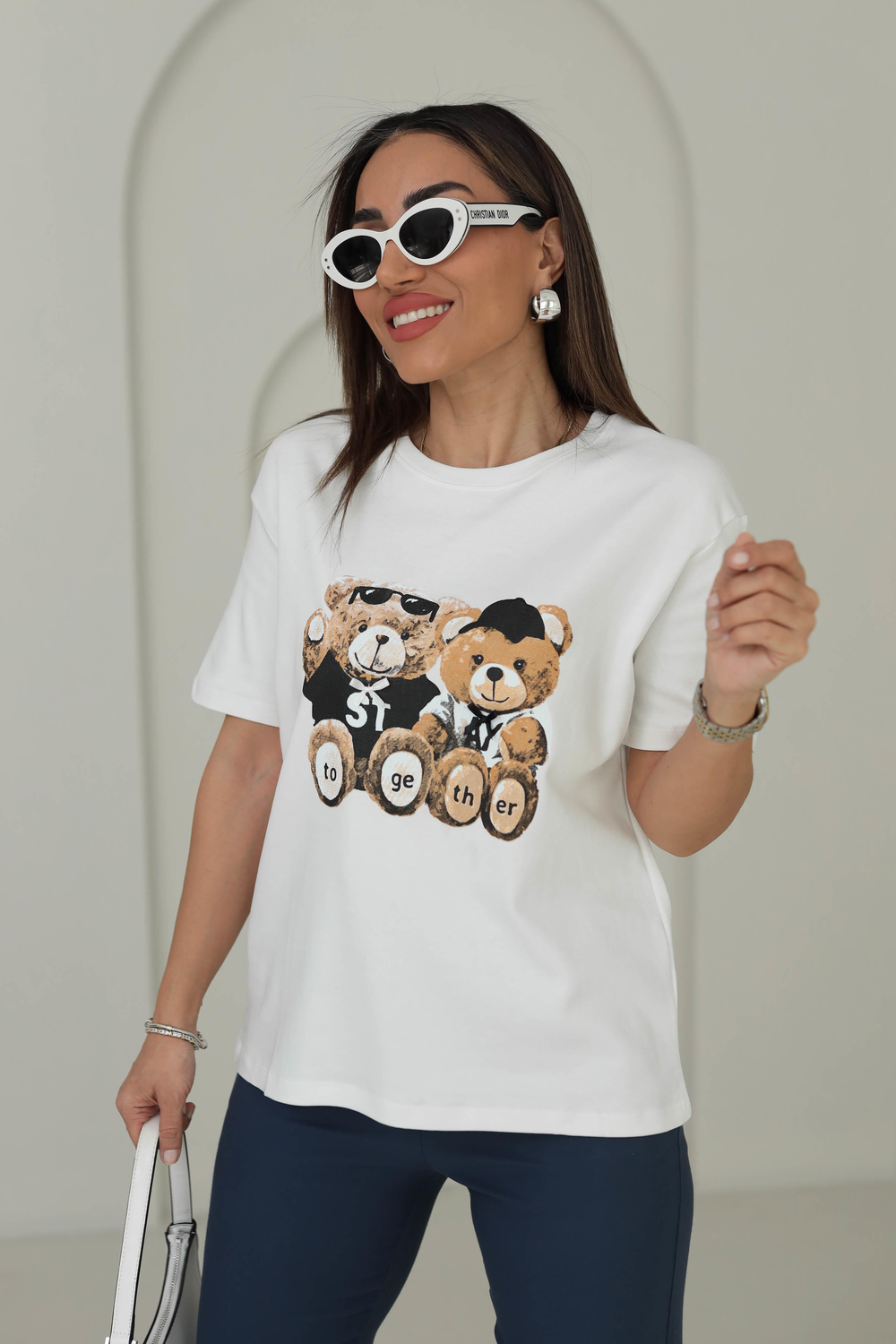 7878 Tedy Baskılı Bisiklet Yaka Tshirt BEYAZ