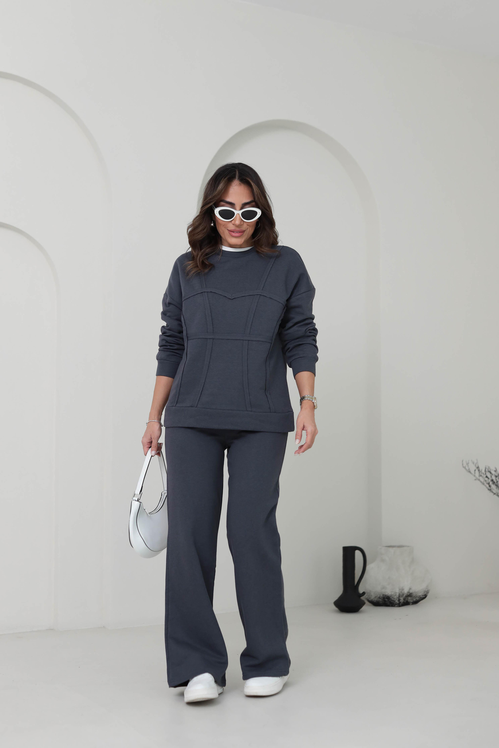 Bisiklet Yaka Dikiş Detaylı Eşofman Takımı ANTRASİT
