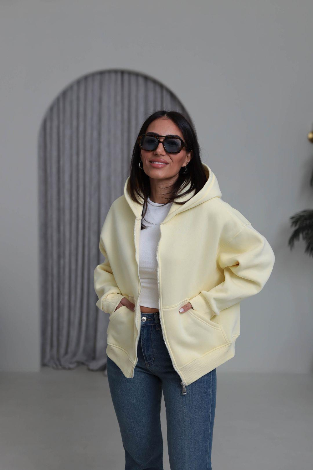 0822 Kapüşonlu Fermuarlı Şardonlu Sweatshirt SARI