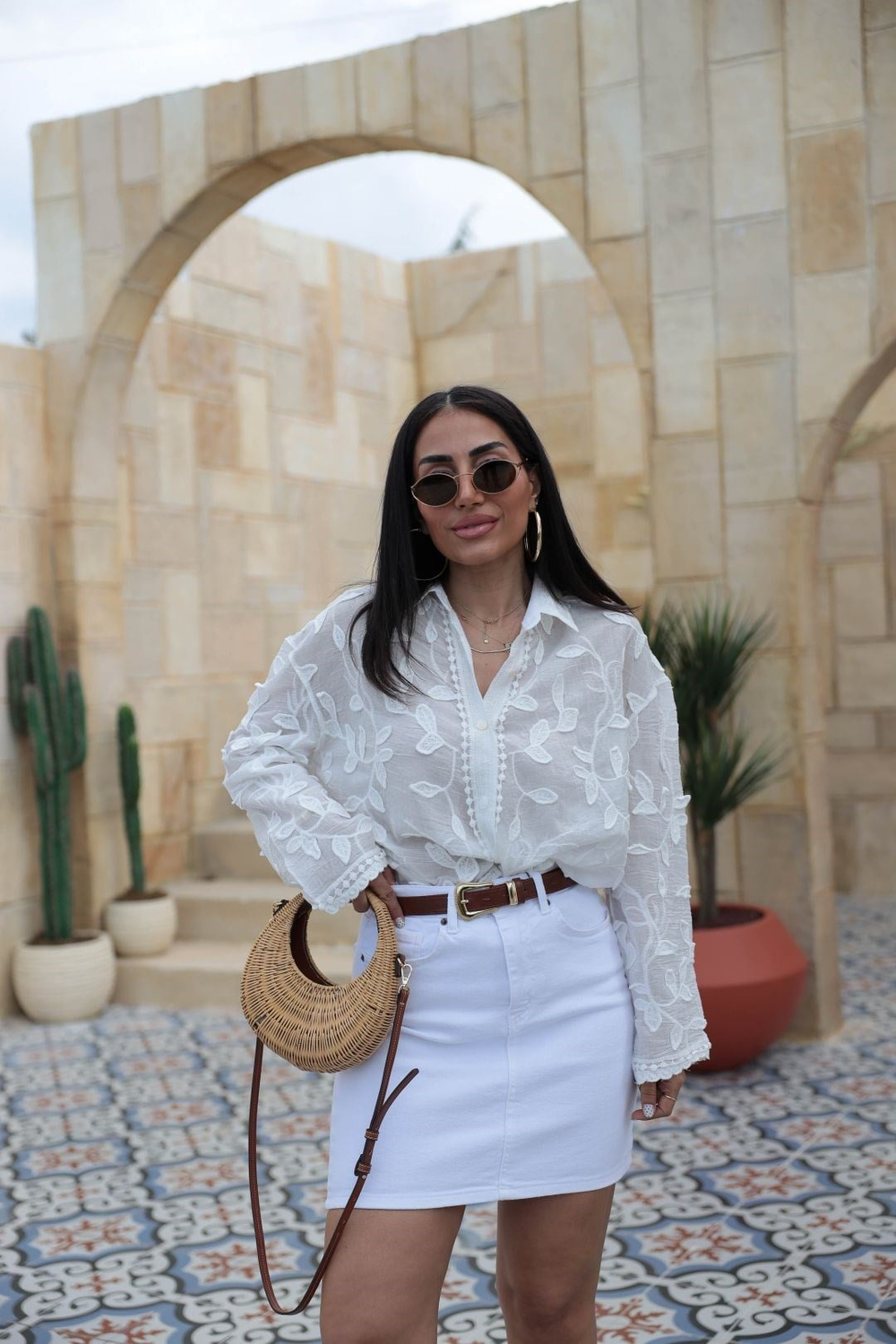 9719 Yaprak Desen Detaylı İthal Gömlek BEYAZ