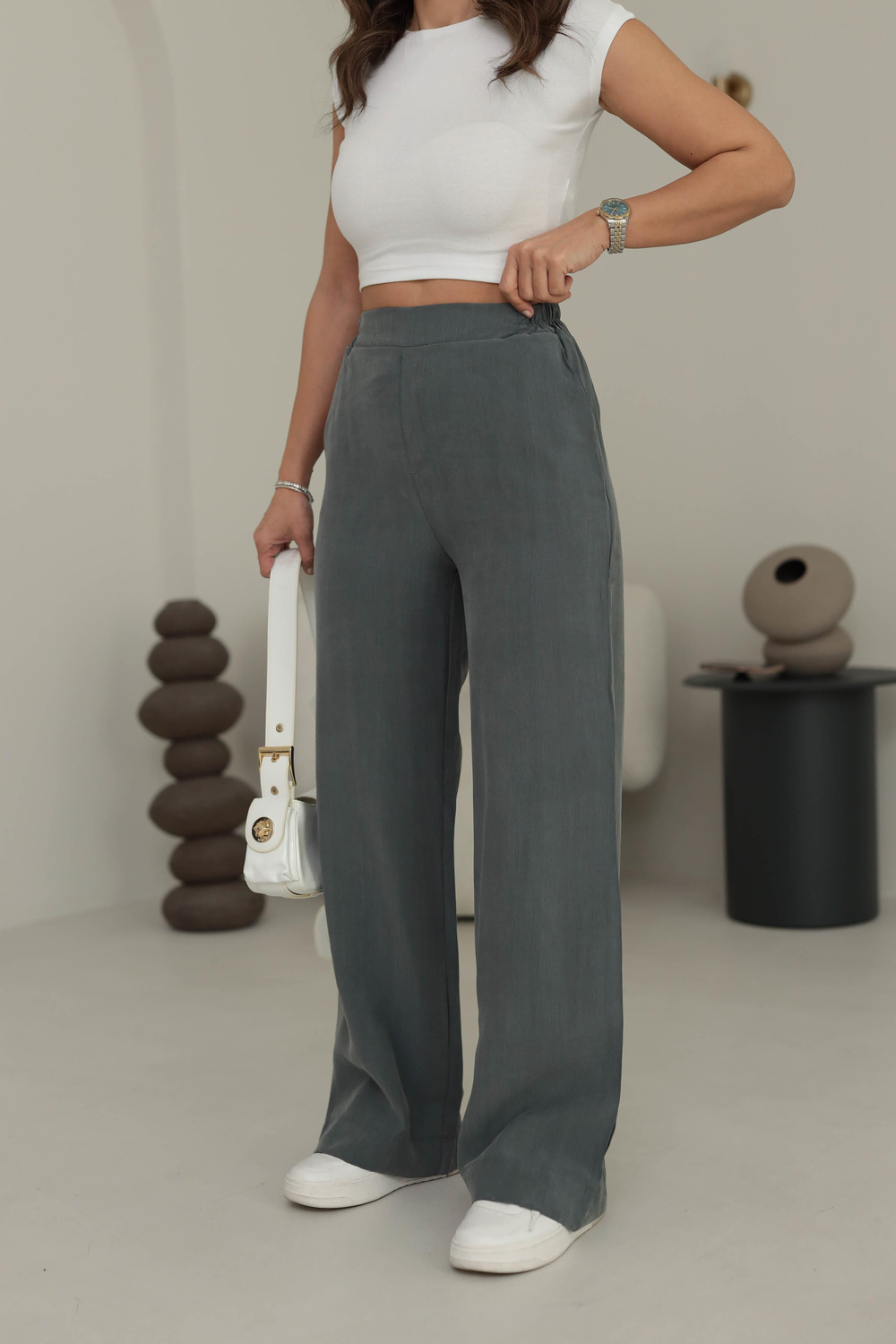 7054 Arkası Bel Lastikli Tencel Pantolon HAKİ YEŞİL