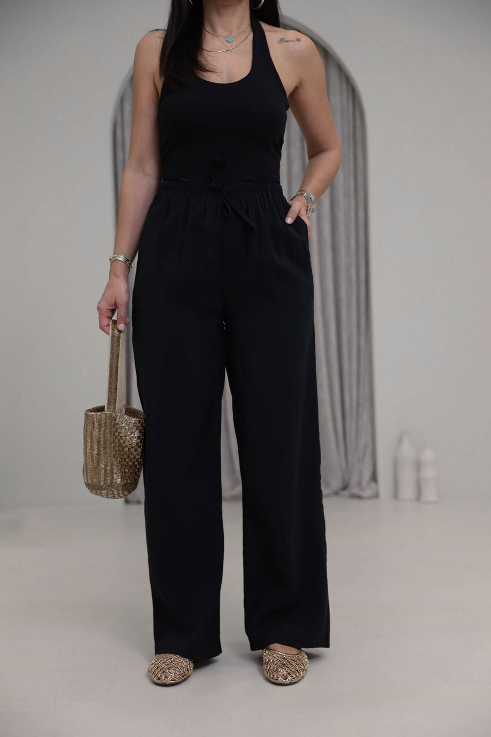 9819 Beli Bağcıklı Cupra Pantolon SİYAH