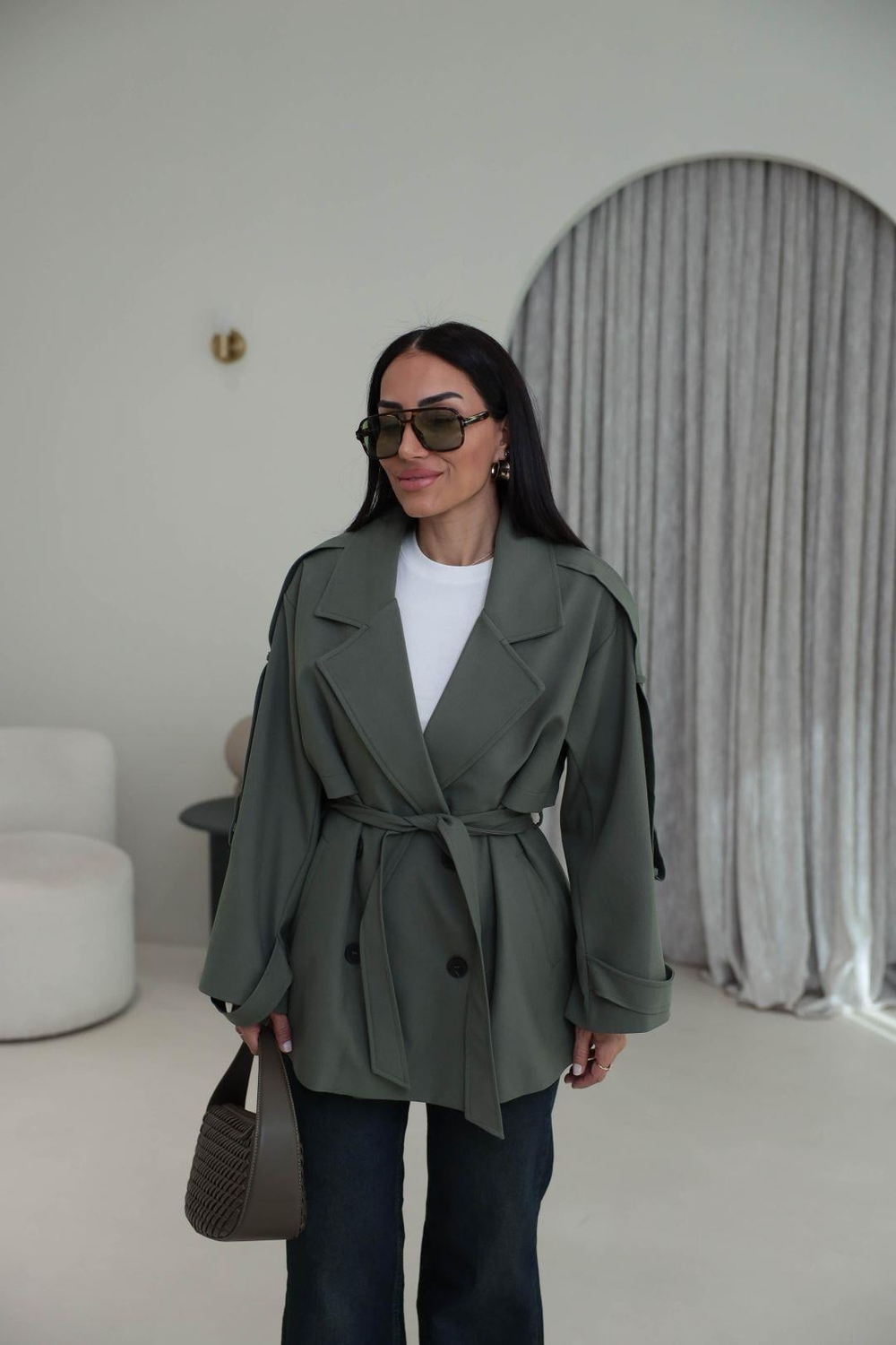 Apoletli Tasarım Astarlı Premium Kısa Trençkot HAKİ YEŞİL