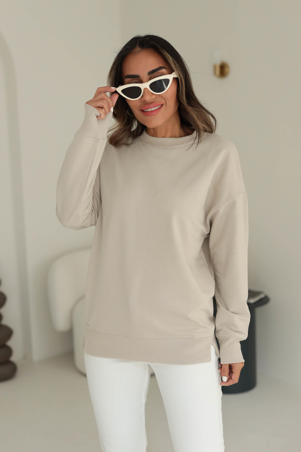 9002 Düz Basic Sweatshirt BEJ