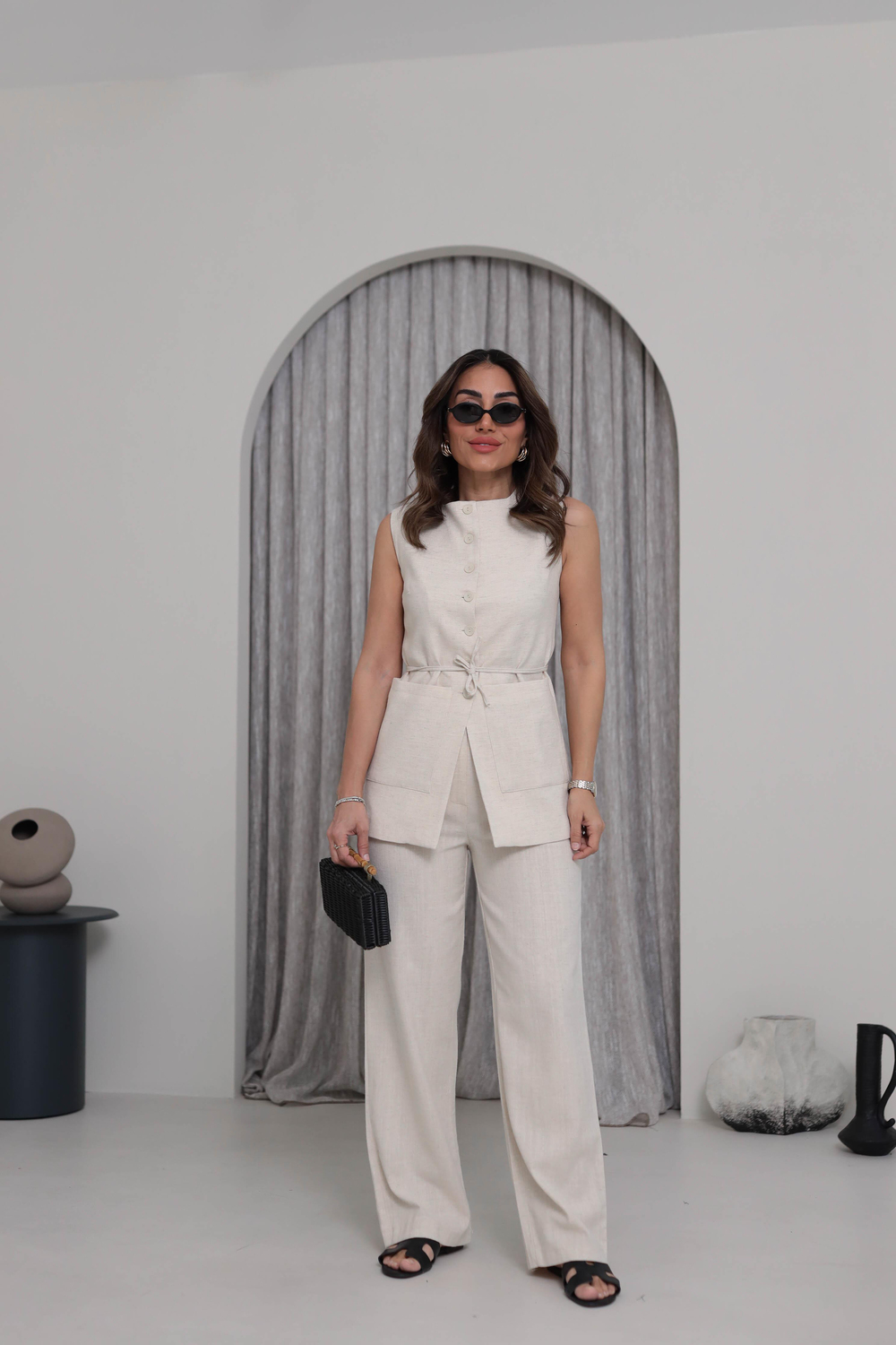 8602 Çift Cepli Keten Yelek Takım TAŞ