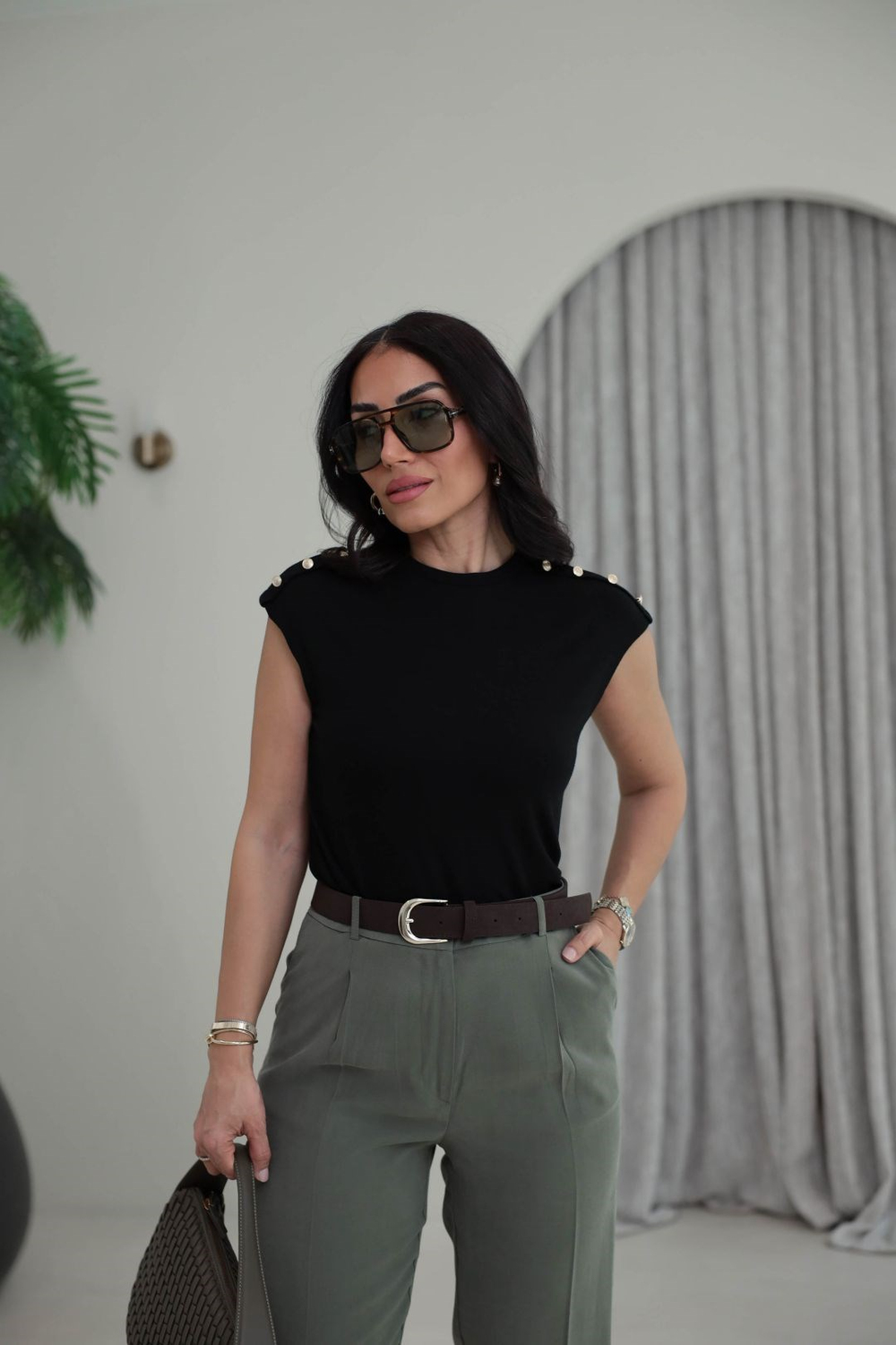 8483 Omuz Düğmeli Modal Massi Bluz SİYAH