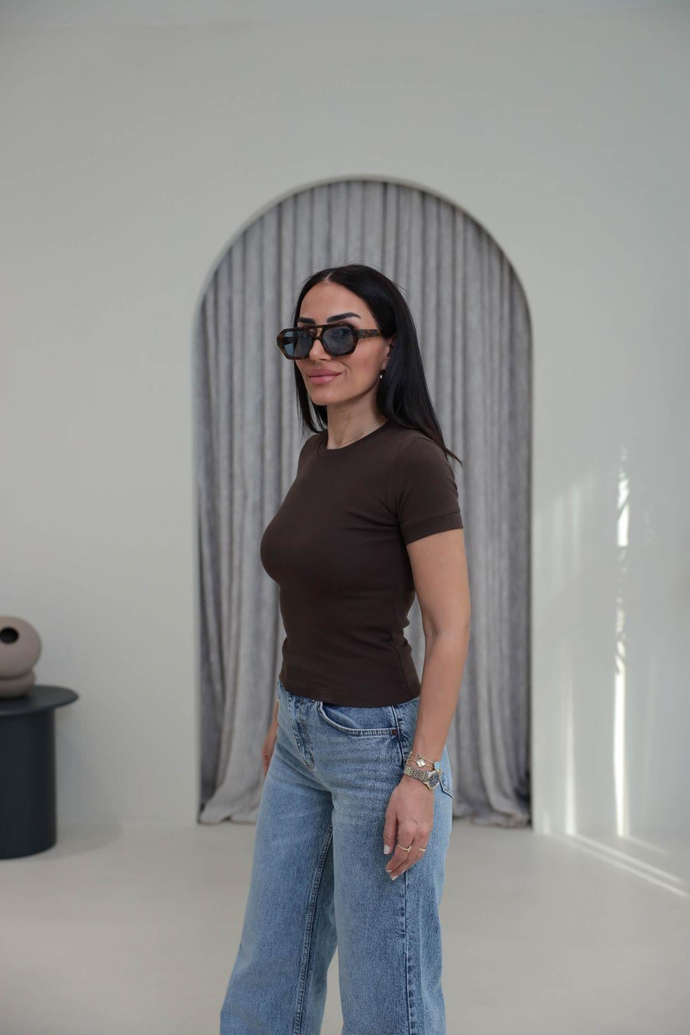 1591 Ribanalı Basic Pamuklu Tshirt KAHVE