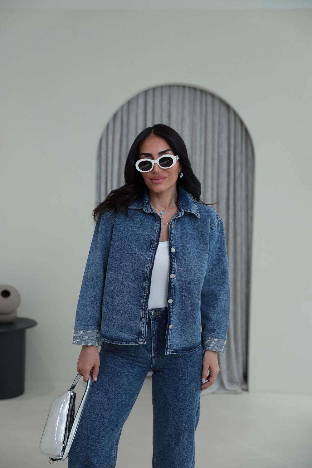 0191 Kol ve Paça Uçları Taşlı Denim Takım MAVİ