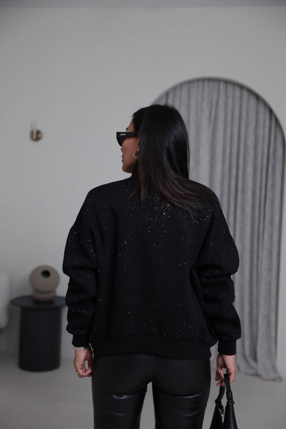 4222 Dik Yaka Önden Fermuarlı Simli Sweatshirt SİYAH