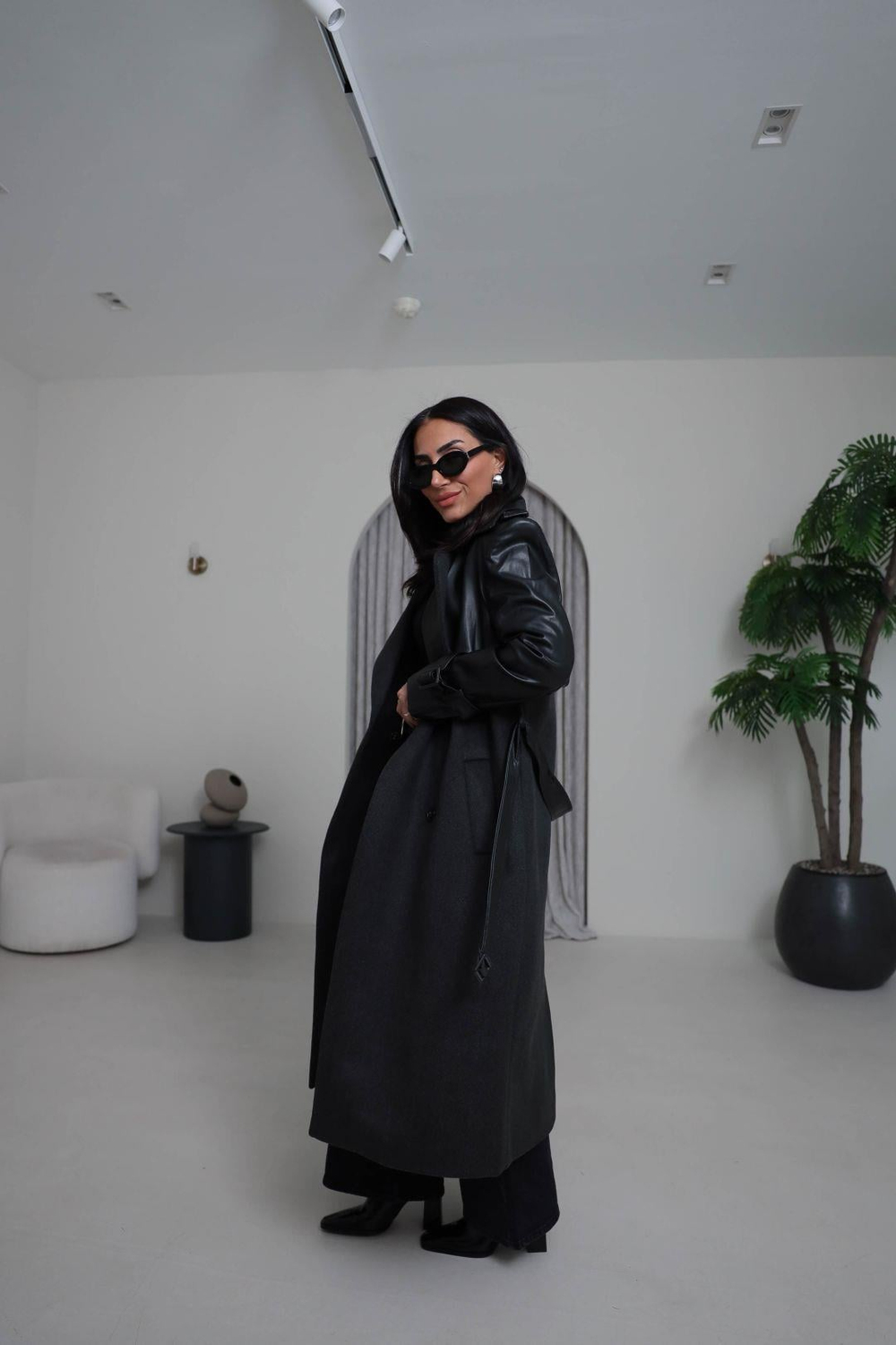 9039 Deri Garnili Kuşaklı Balıksırtı  Premium Kaban SİYAH