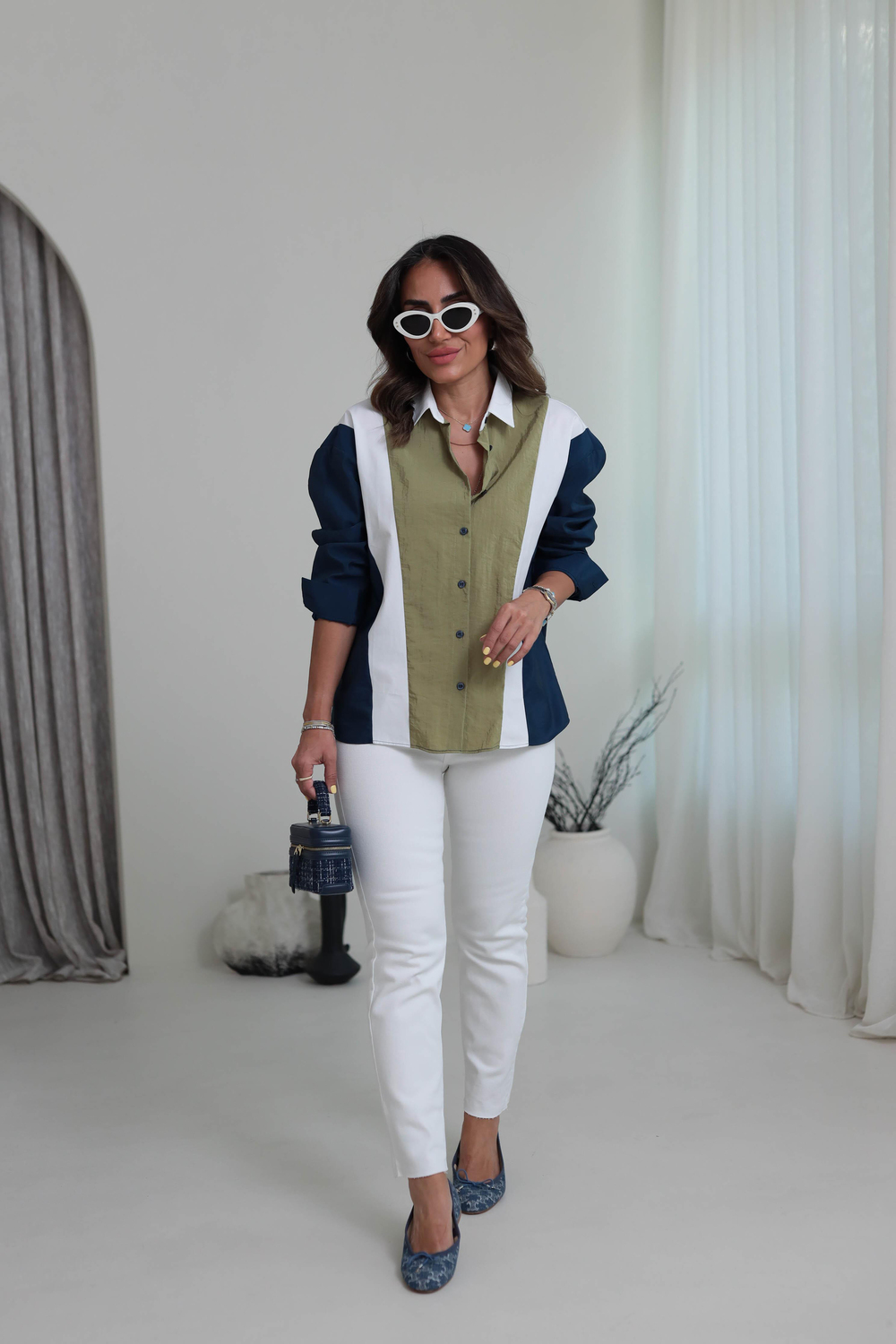 3021 Parçalı Tasarım Gömlek YAĞ YEŞİLİ