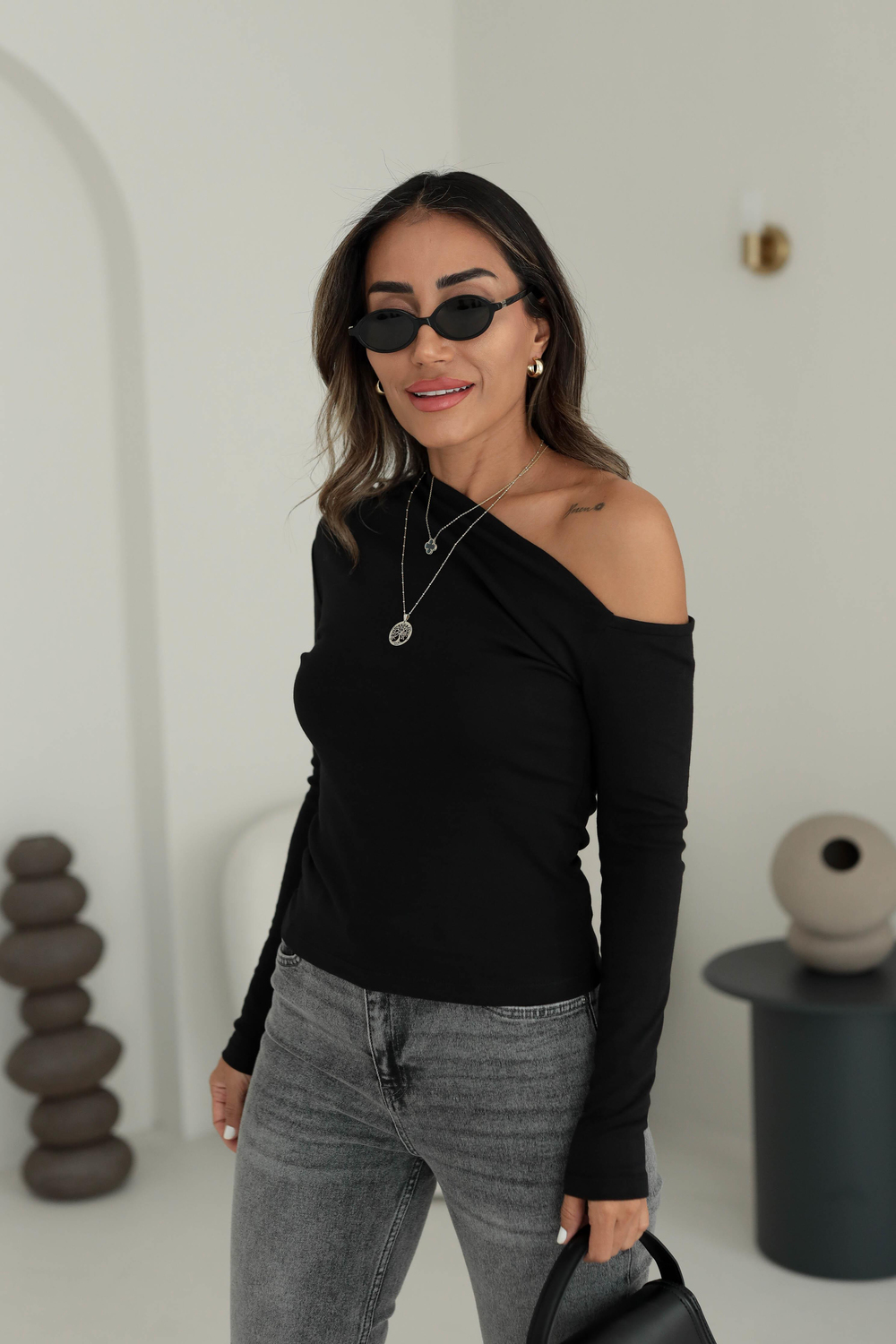 6130 Çapraz Yakalı Uzun Kol Bluz SİYAH