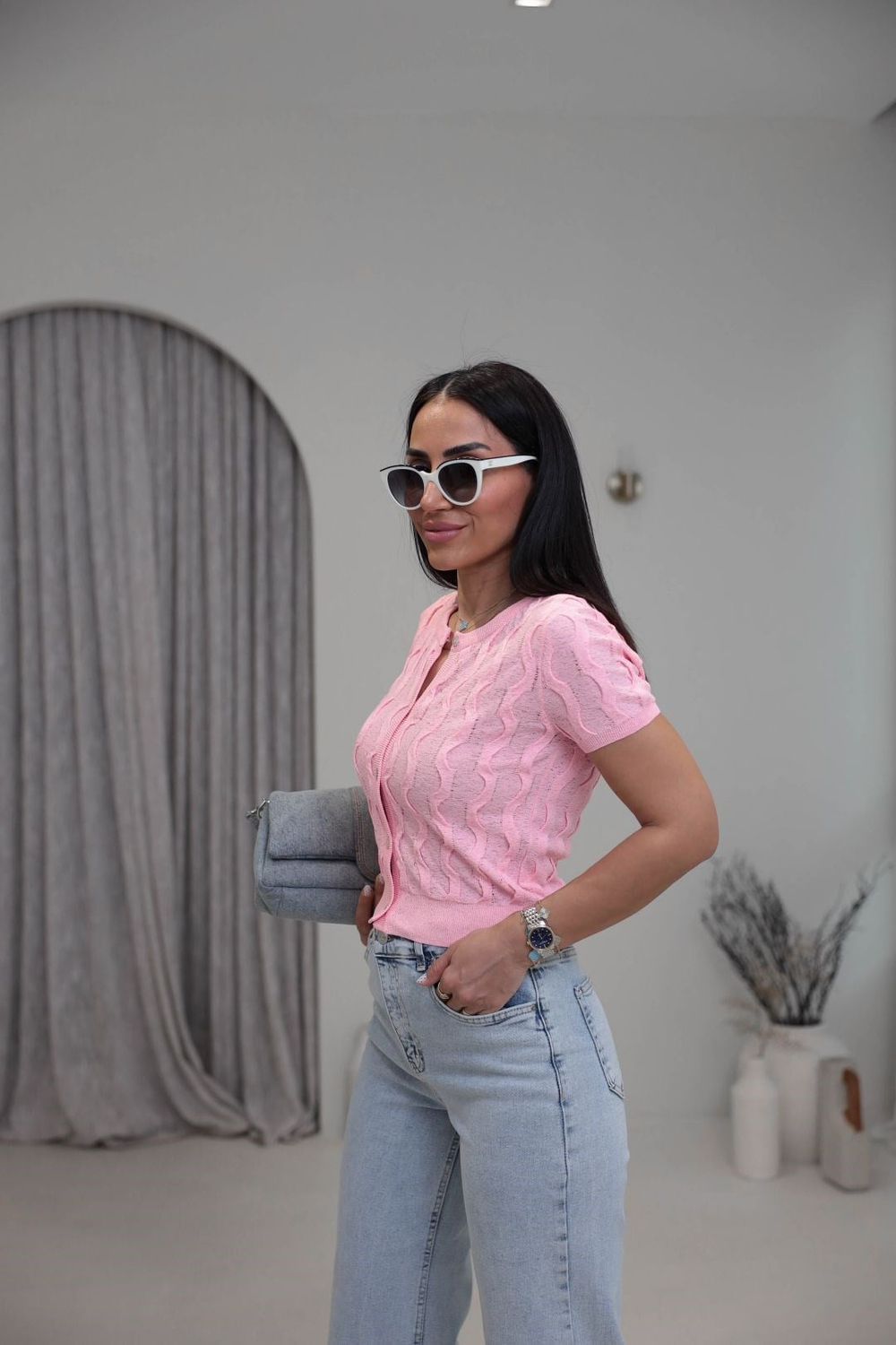 0980 Bisiklet Yaka Dokulu Düğmeli Triko PEMBE