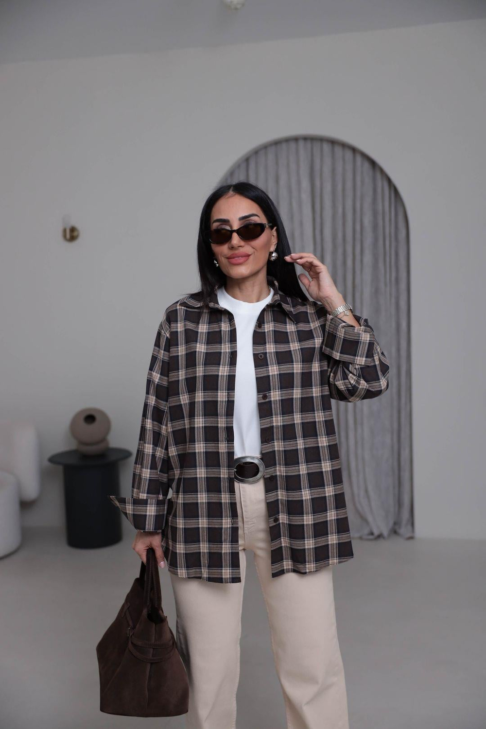 7124 Ekose Desen Pamuklu Oversize Gömlek KAHVE