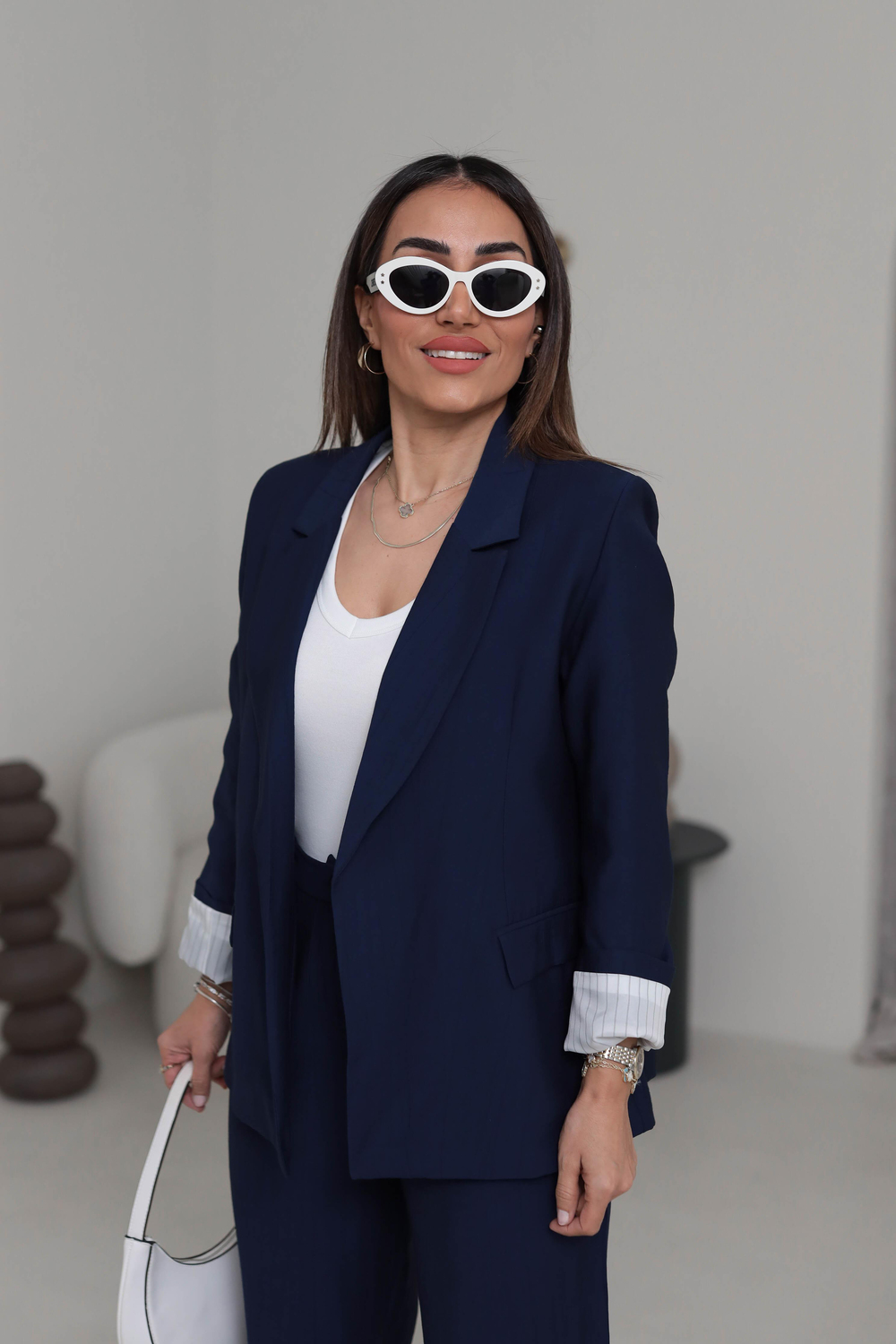 50178 Aeronbin Kol Katlamalı Çizgili Blazer Ceket LACİVERT