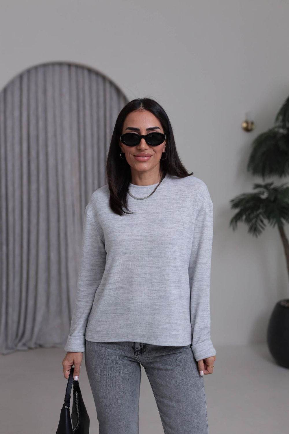 5249 Double Kol Bisiklet Yaka Yumoş Bluz GRİ