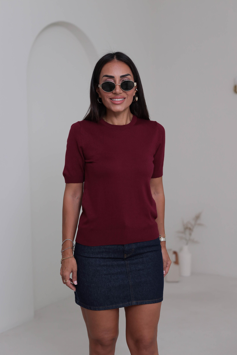 0779 Bisiklet Yaka Kısa Kol Basic Triko Bluz BORDO